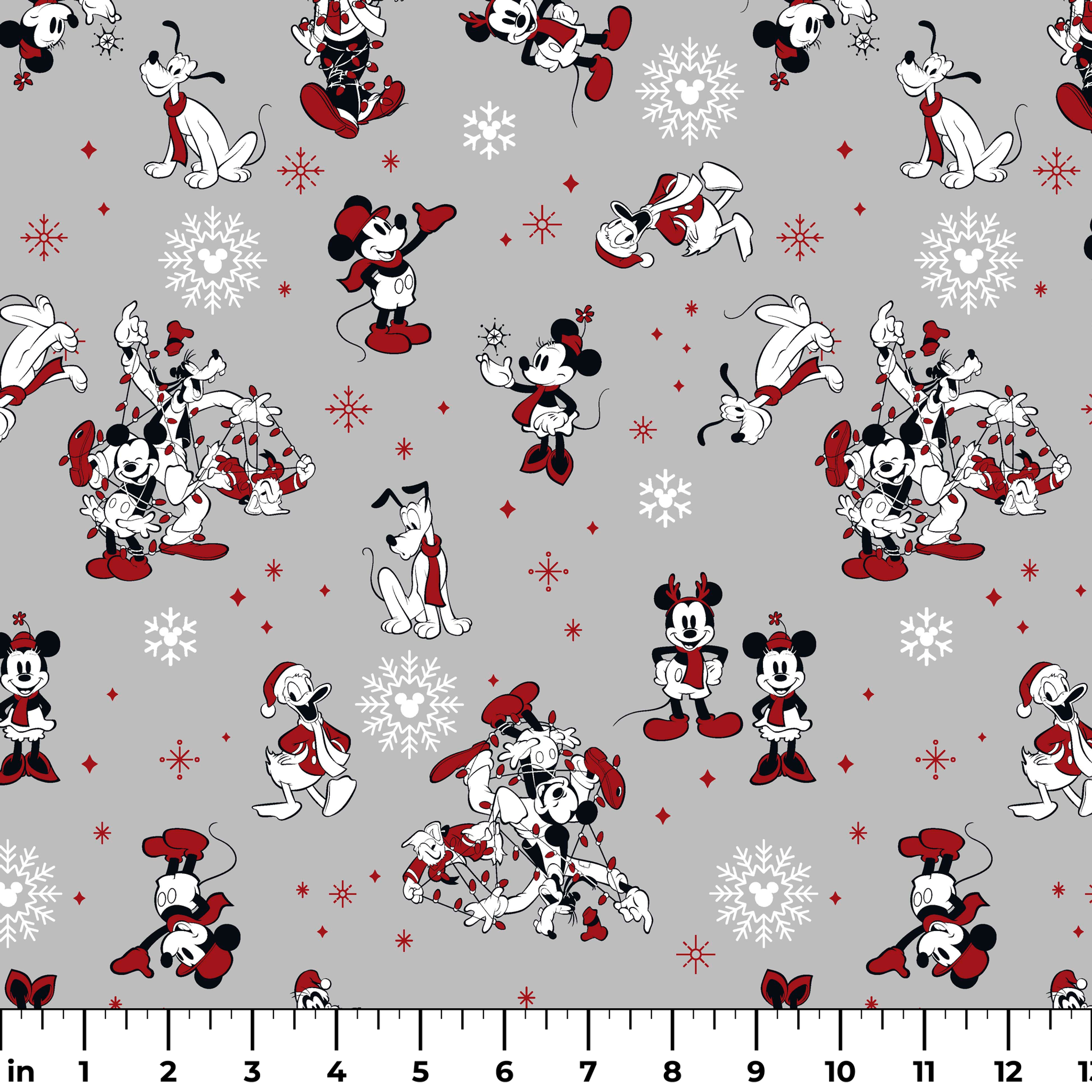 Mickey and Minnie Mouse characters in winter attire with snowflakes on gray background ruler