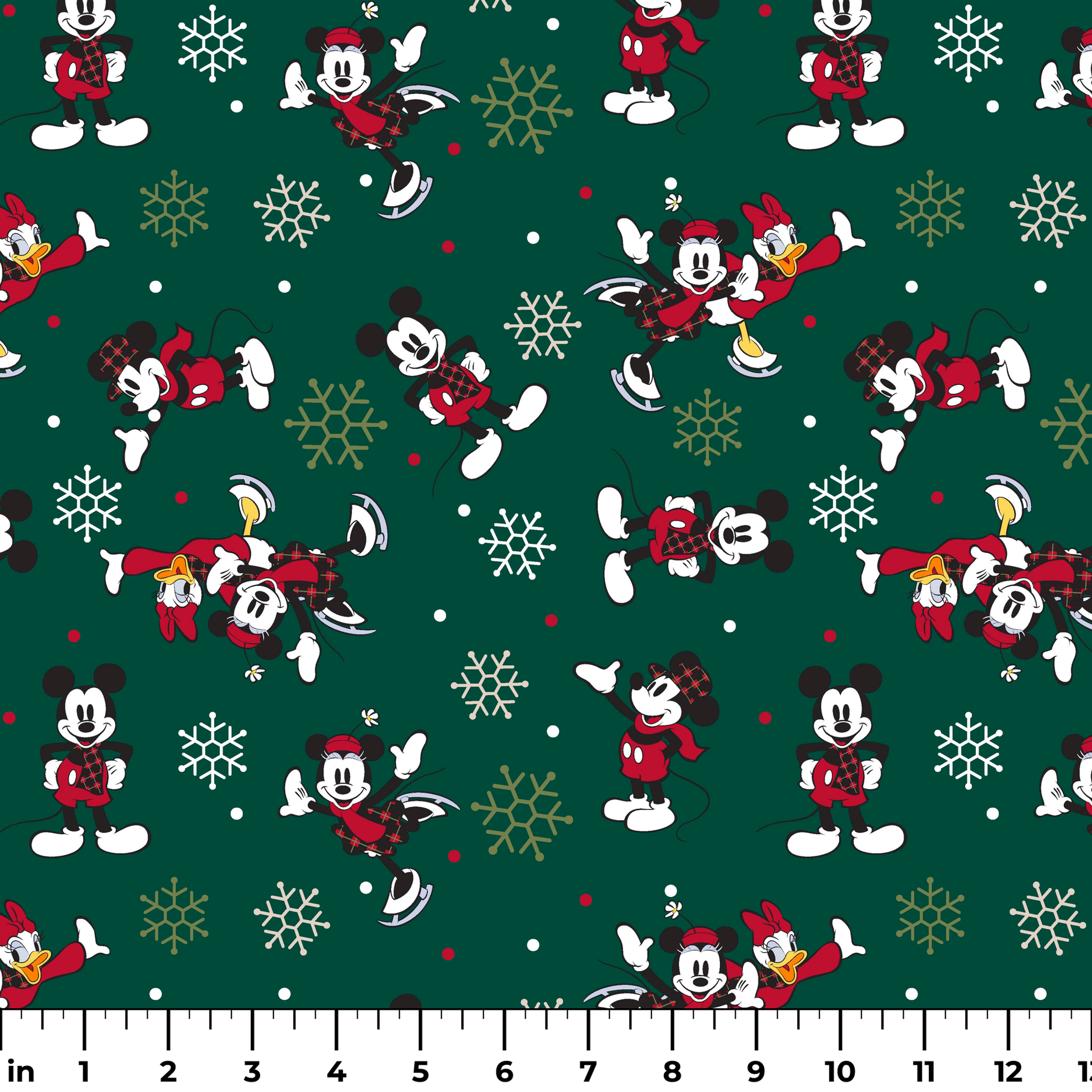 Mickey Mouse Christmas pattern with cartoon characters in winter outfits on green background with snowflakes ruler