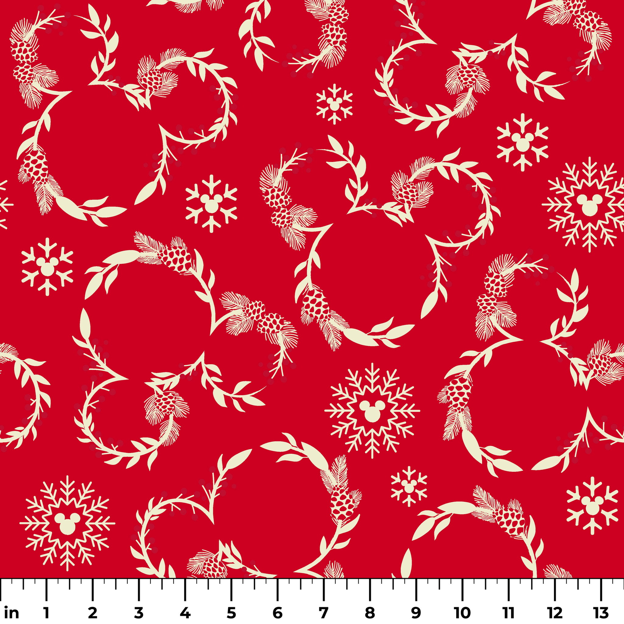 Festive red background with white floral wreaths, pine cones, and snowflake patterns ruler