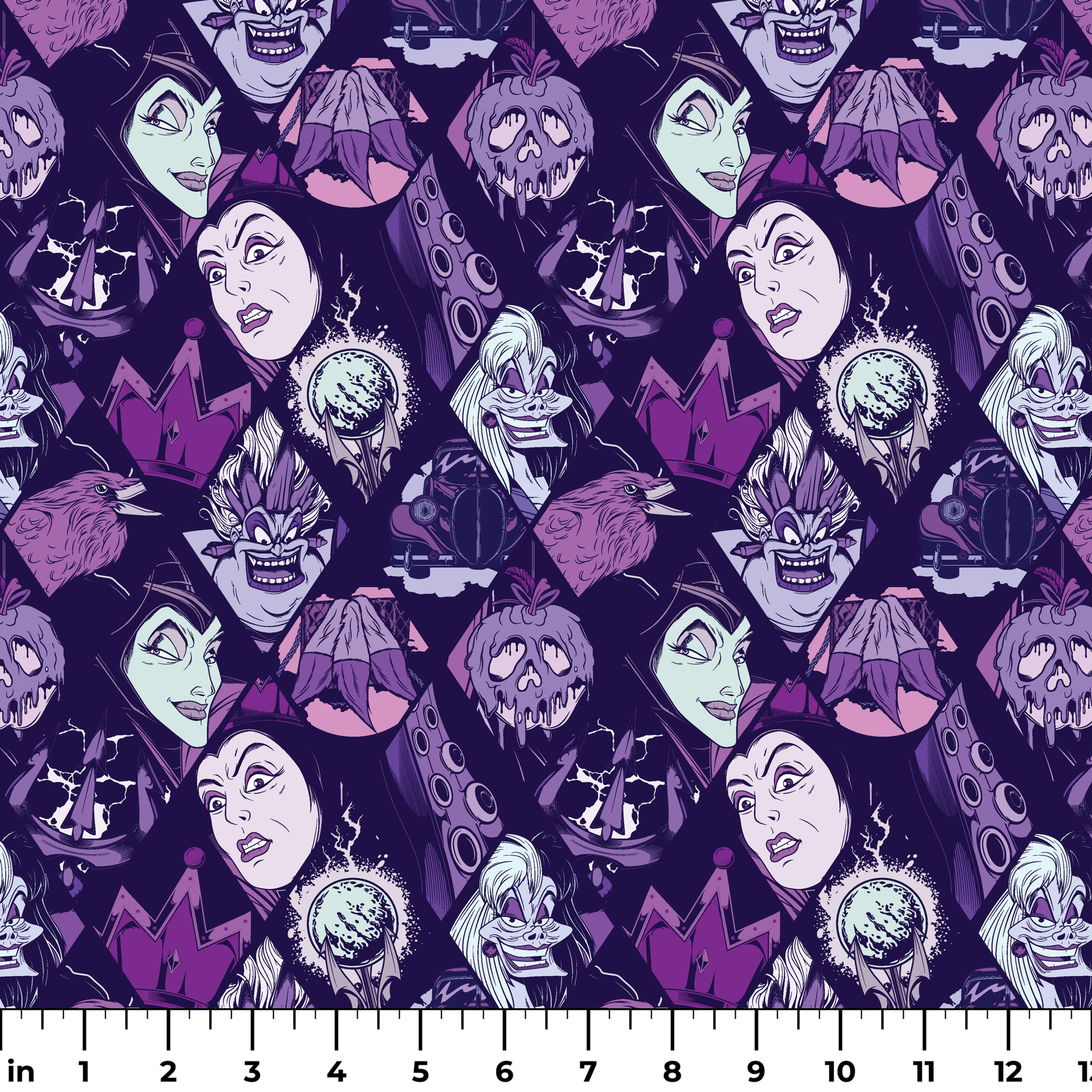 Stylized Disney villains in purple tones featuring evil queens, monsters, and creatures with sinister expressions. ruler