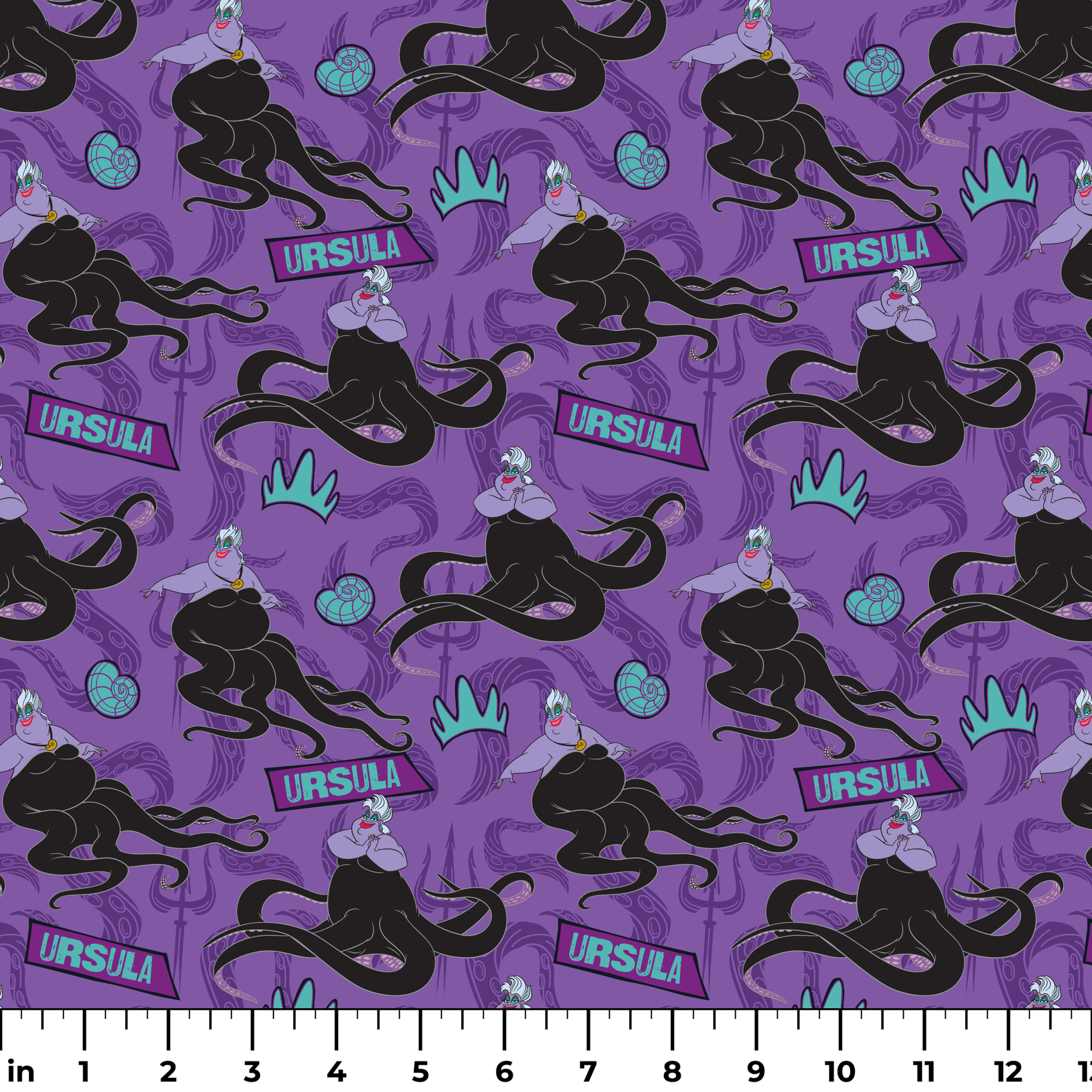 Purple background with Ursula silhouettes, tentacles, turquoise crowns, and name plates in repeating pattern ruler