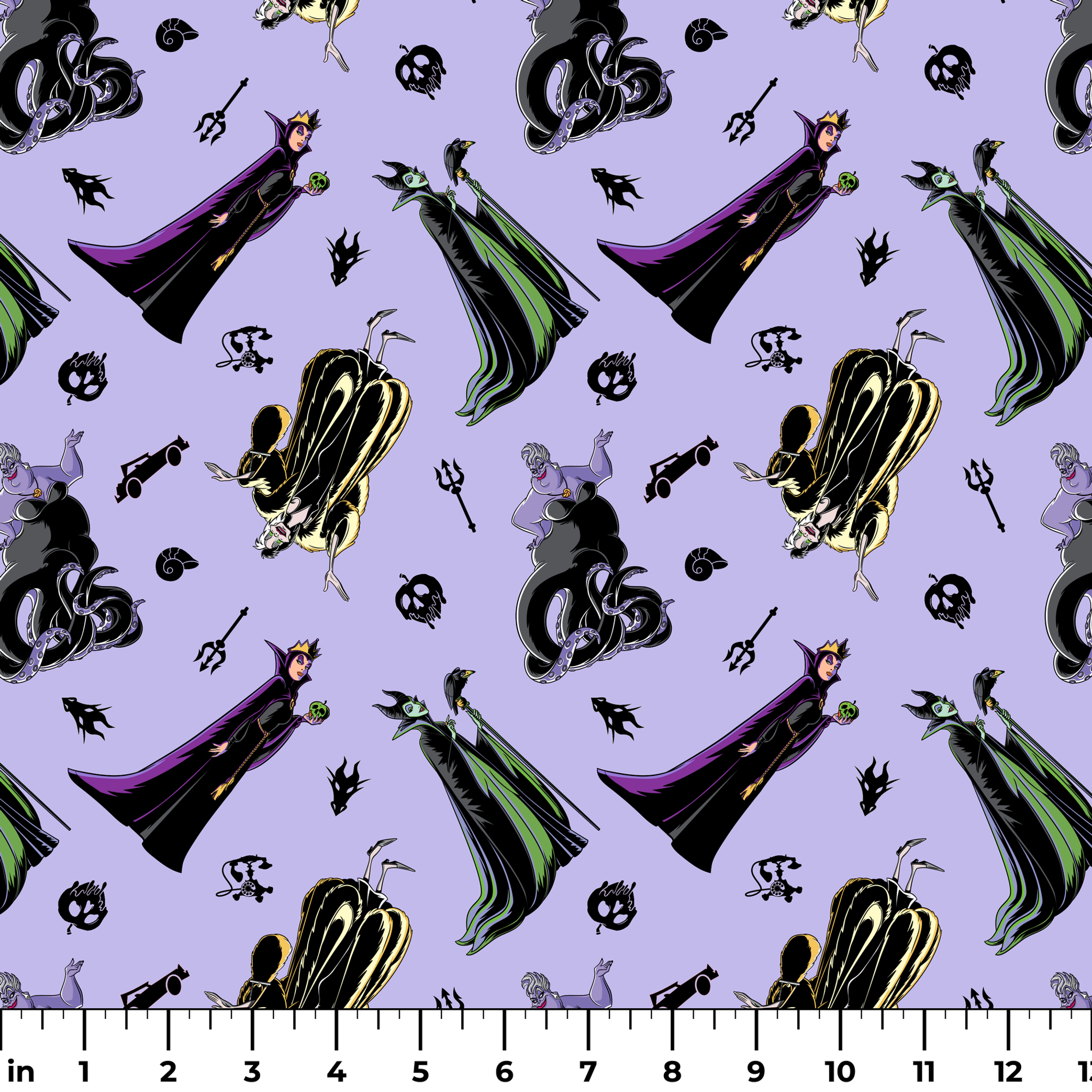 Disney villain characters pattern on purple background, featuring Maleficent and other iconic antagonists in stylized form ruler