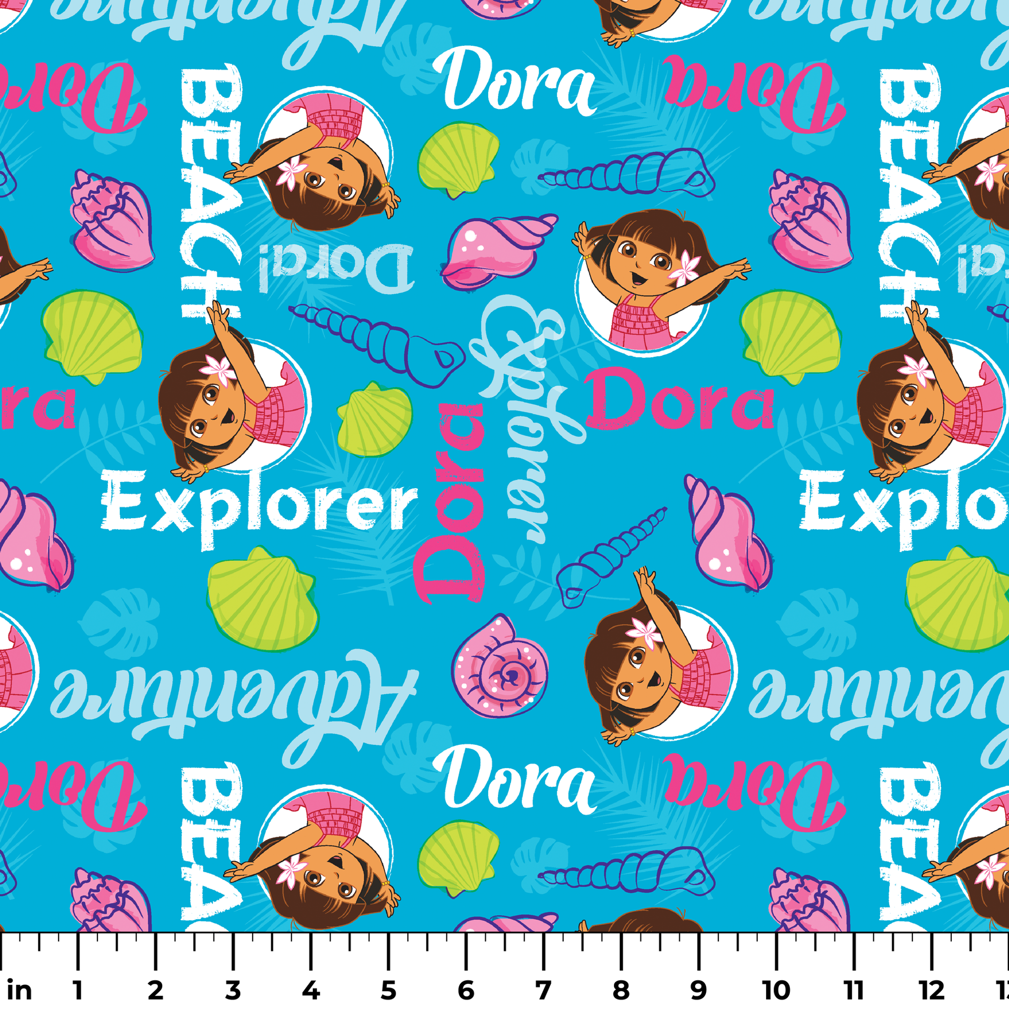 Bright blue pattern featuring Dora the Explorer cartoon character with seashells and "Beach Explorer" text ruler