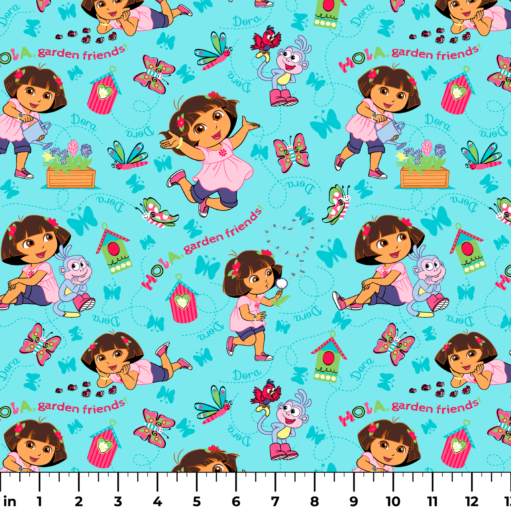 Colorful Dora the Explorer pattern on light blue background ruler