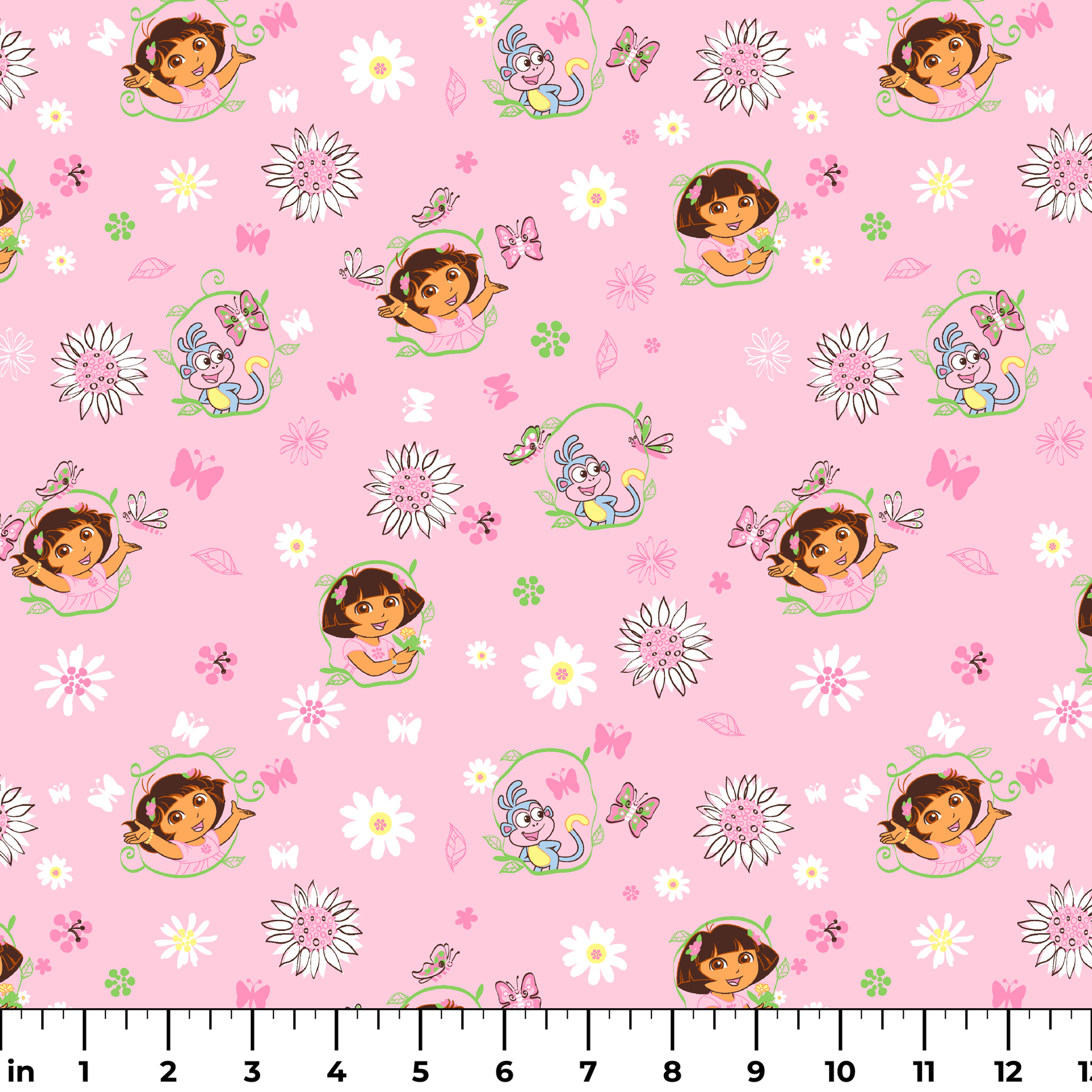 Pink background with Dora the Explorer characters, white daisies and purple butterflies scattered throughout ruler