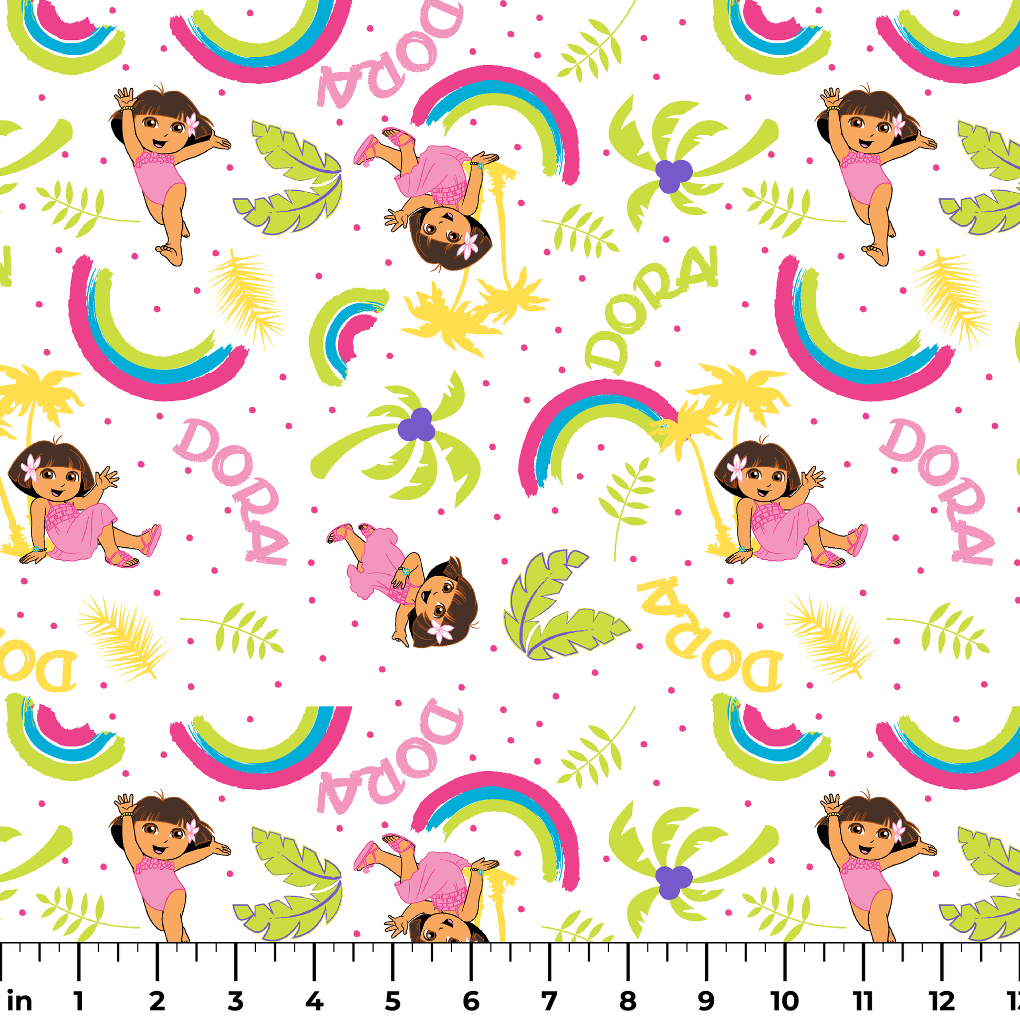 Cartoon pattern with colorful rainbows, Dora the Explorer characters, green leaves, and yellow leaves on white background ruler