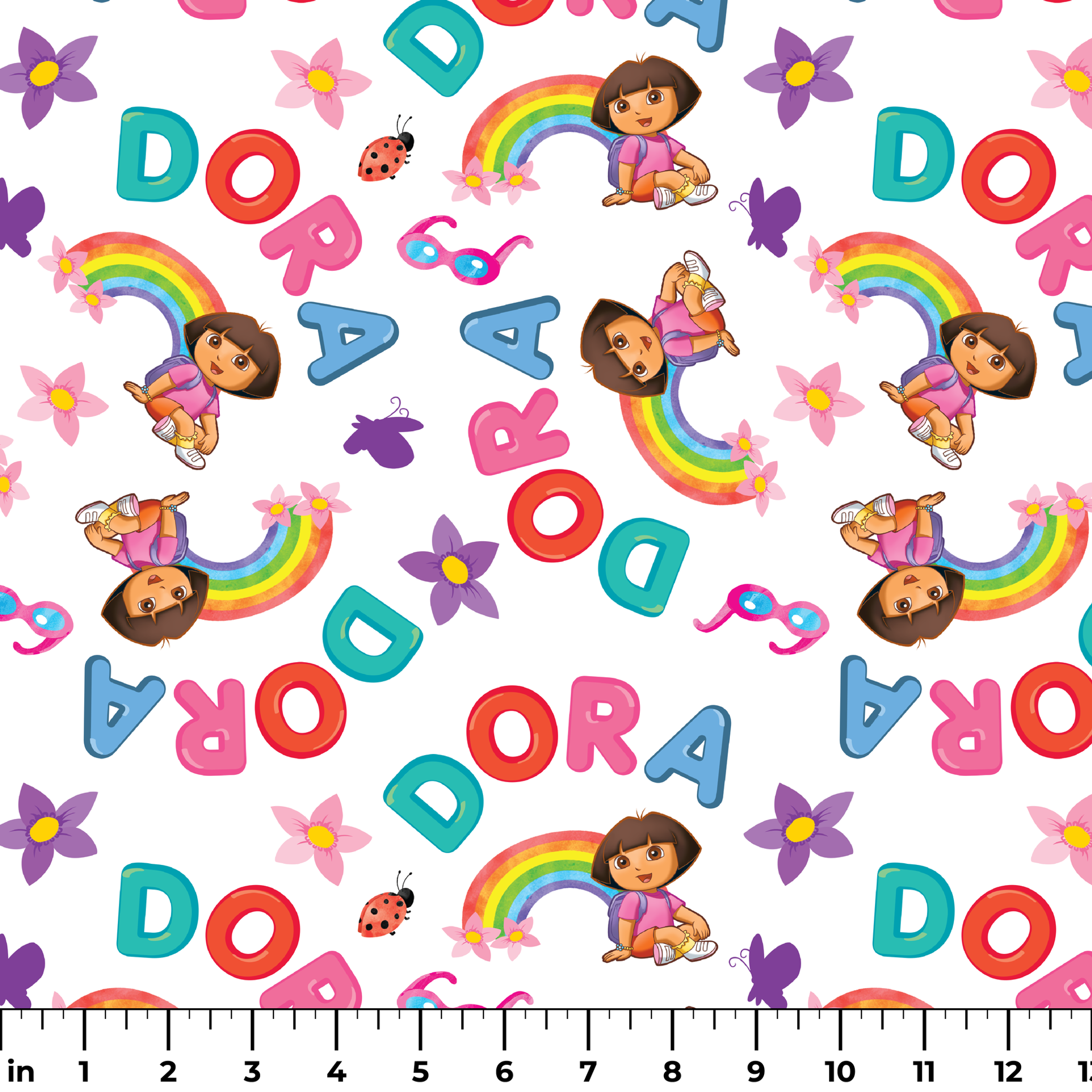 Colorful Dora pattern with rainbows, flowers, alongside scattered "DORA" letters on white background. ruler