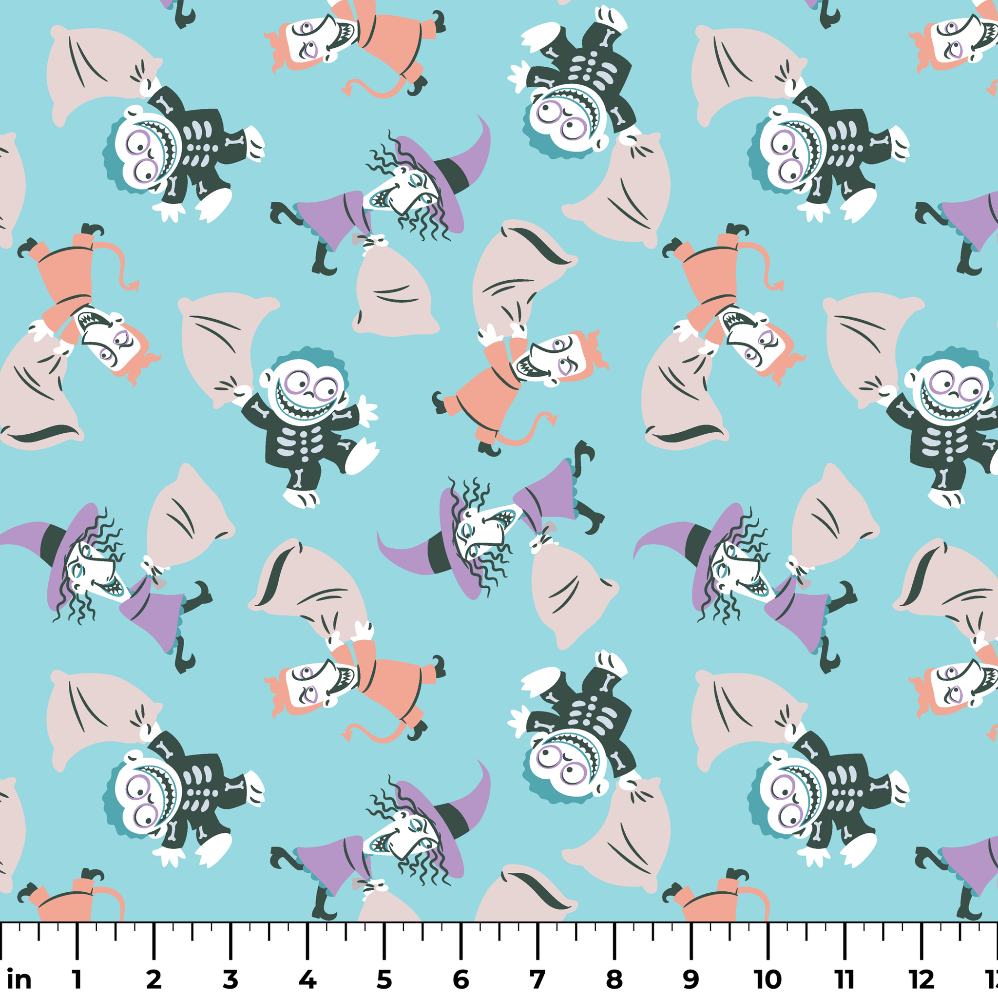 Whimsical pattern of cartoon characters in Halloween costumes on light blue background ruler