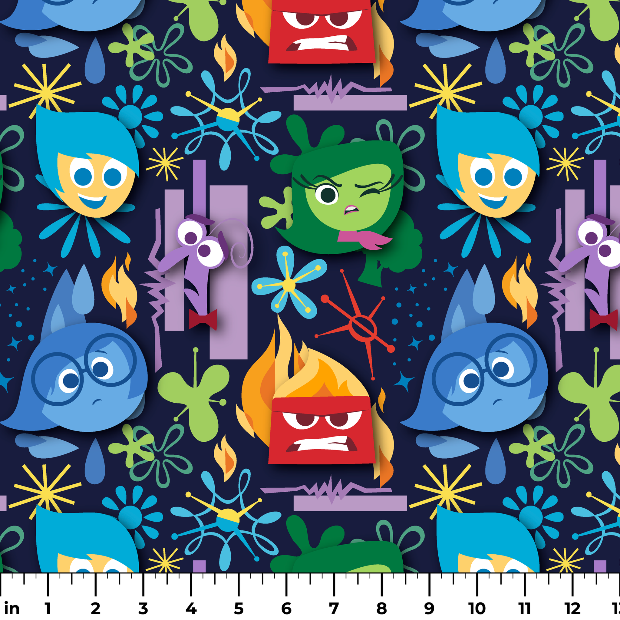 Colorful Inside Out characters with blue, red, green faces and abstract shapes on dark background ruler