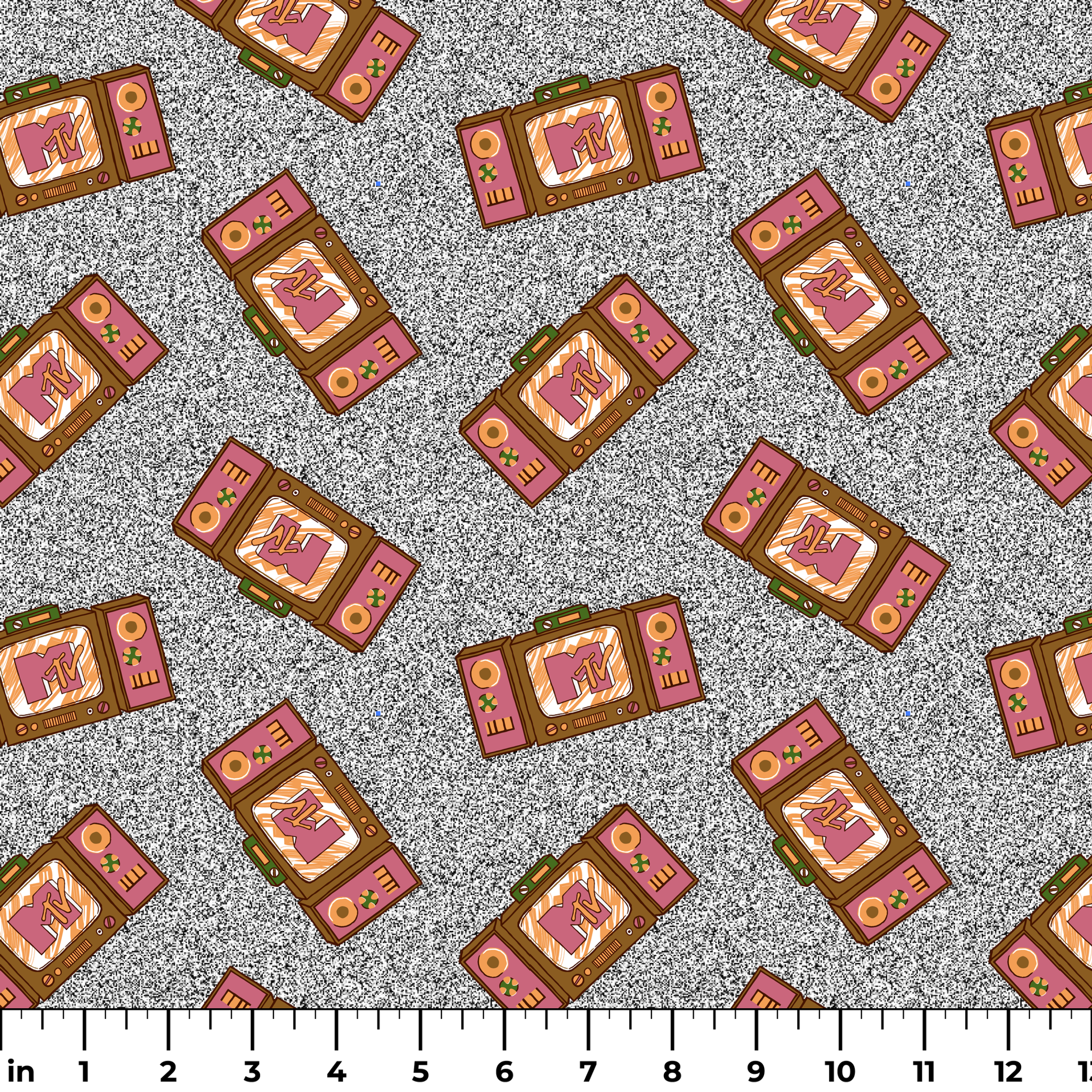 Pink and brown retro televisions with the MTV logo over a grainy gray static background in a scattered repeat. ruler
