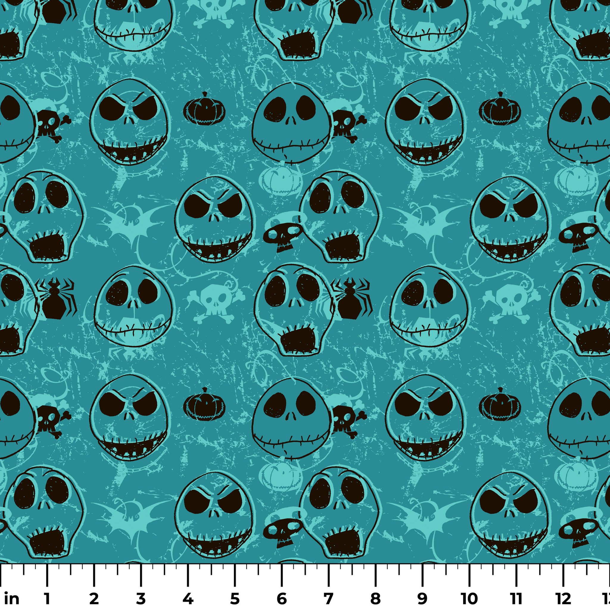 Teal pattern of cartoon skull faces with different expressions, Halloween elements like pumpkins and spiders ruler