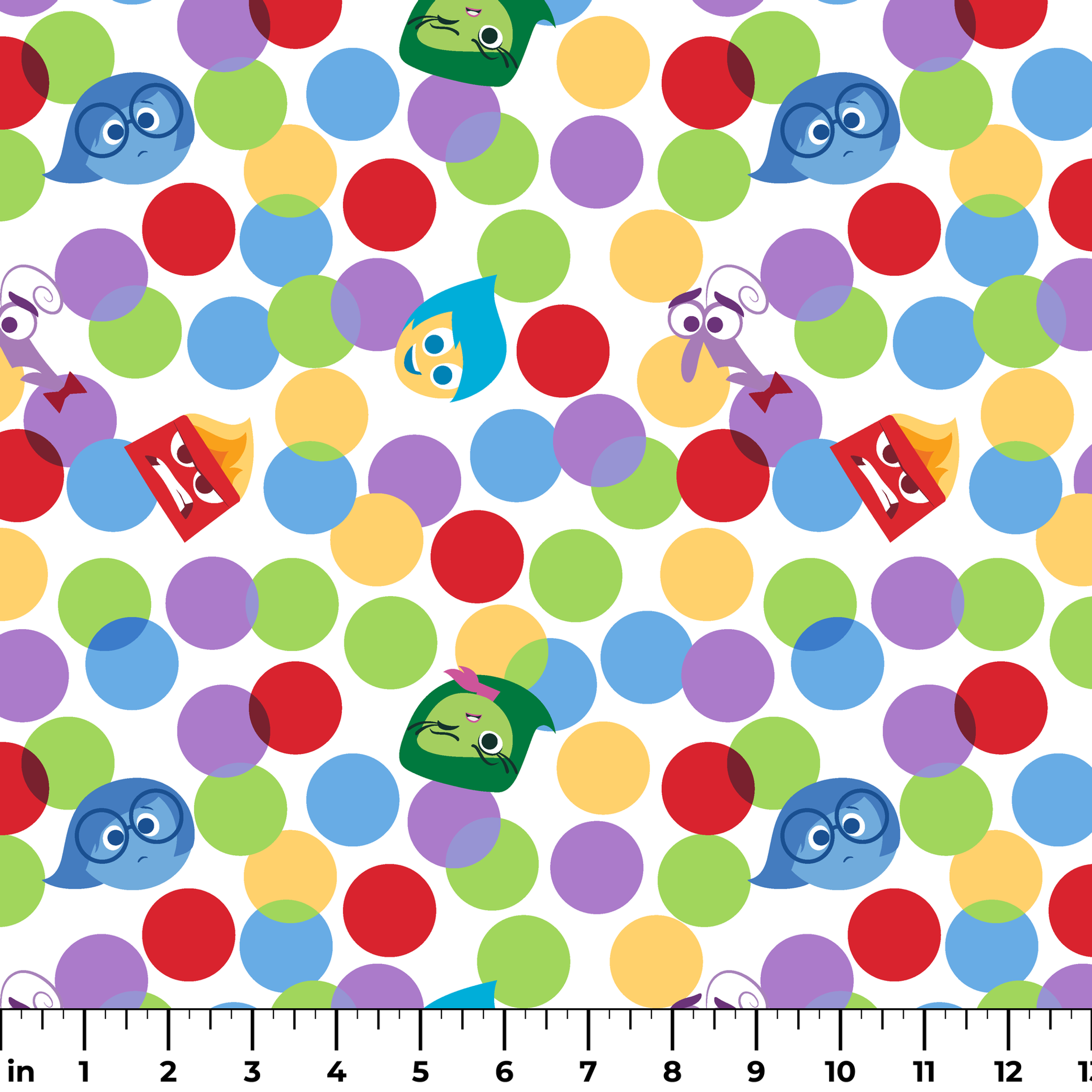 Colorful pattern with Inside Out characters scattered among multicolored polka dots ruler