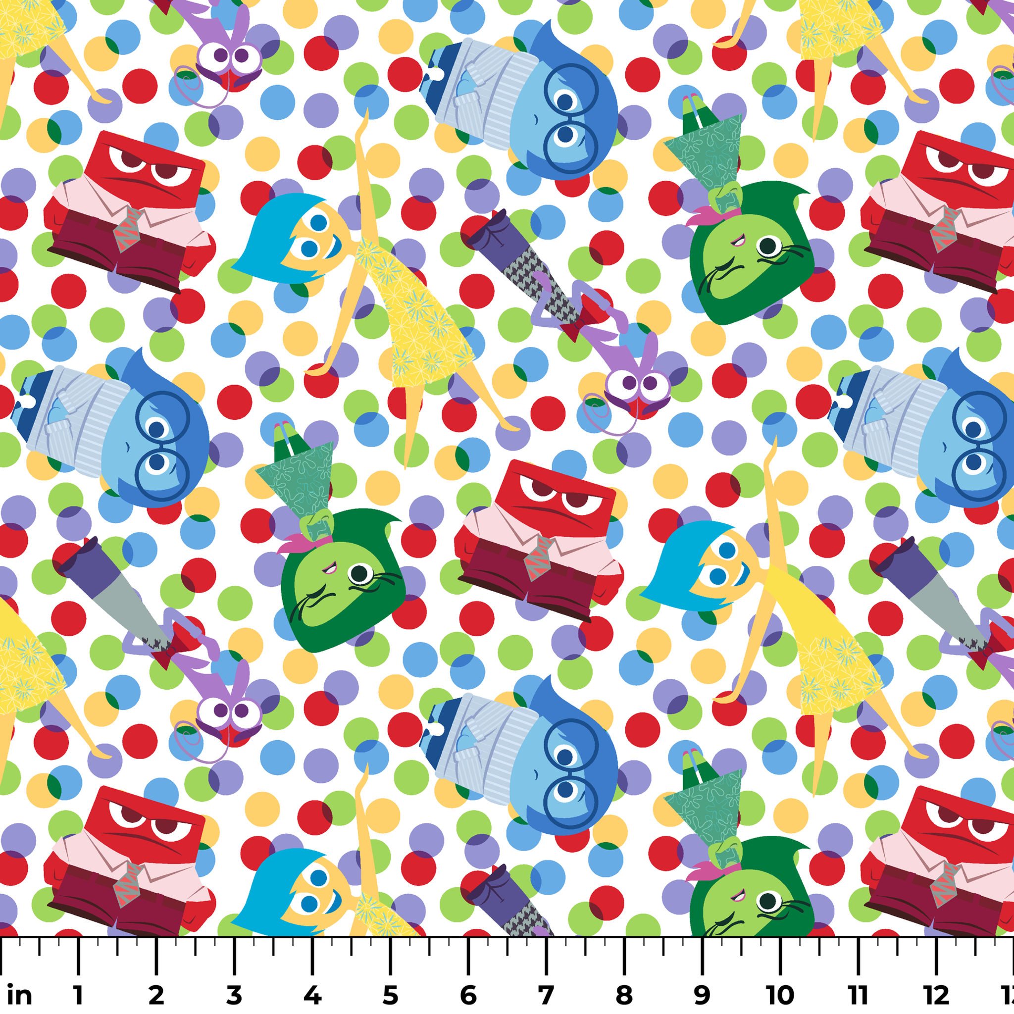 Colorful pattern of animated character heads from Inside Out movie on polka dot background ruler