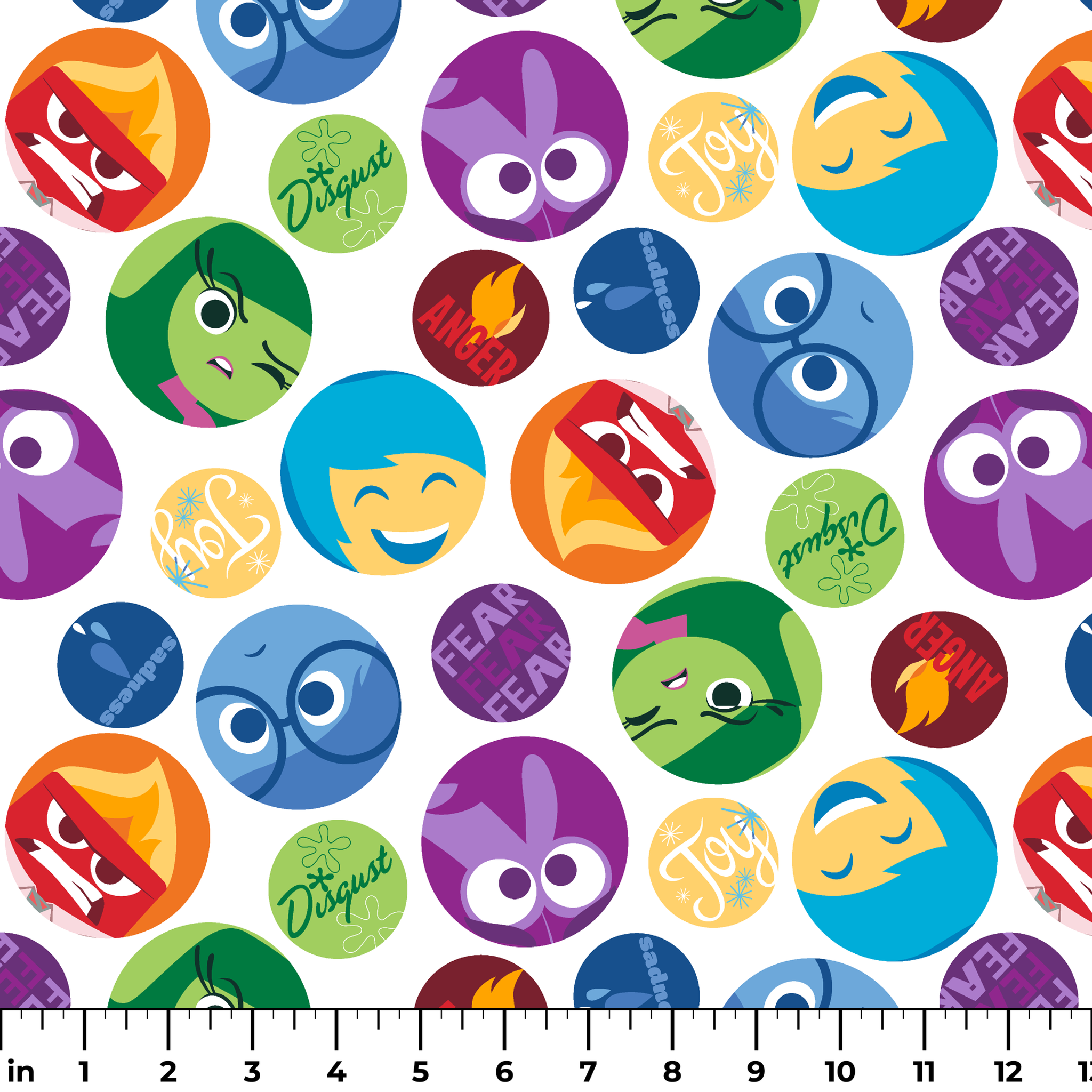 Colorful Inside Out character circles with various expressions in purple, green, blue, yellow, and red ruler