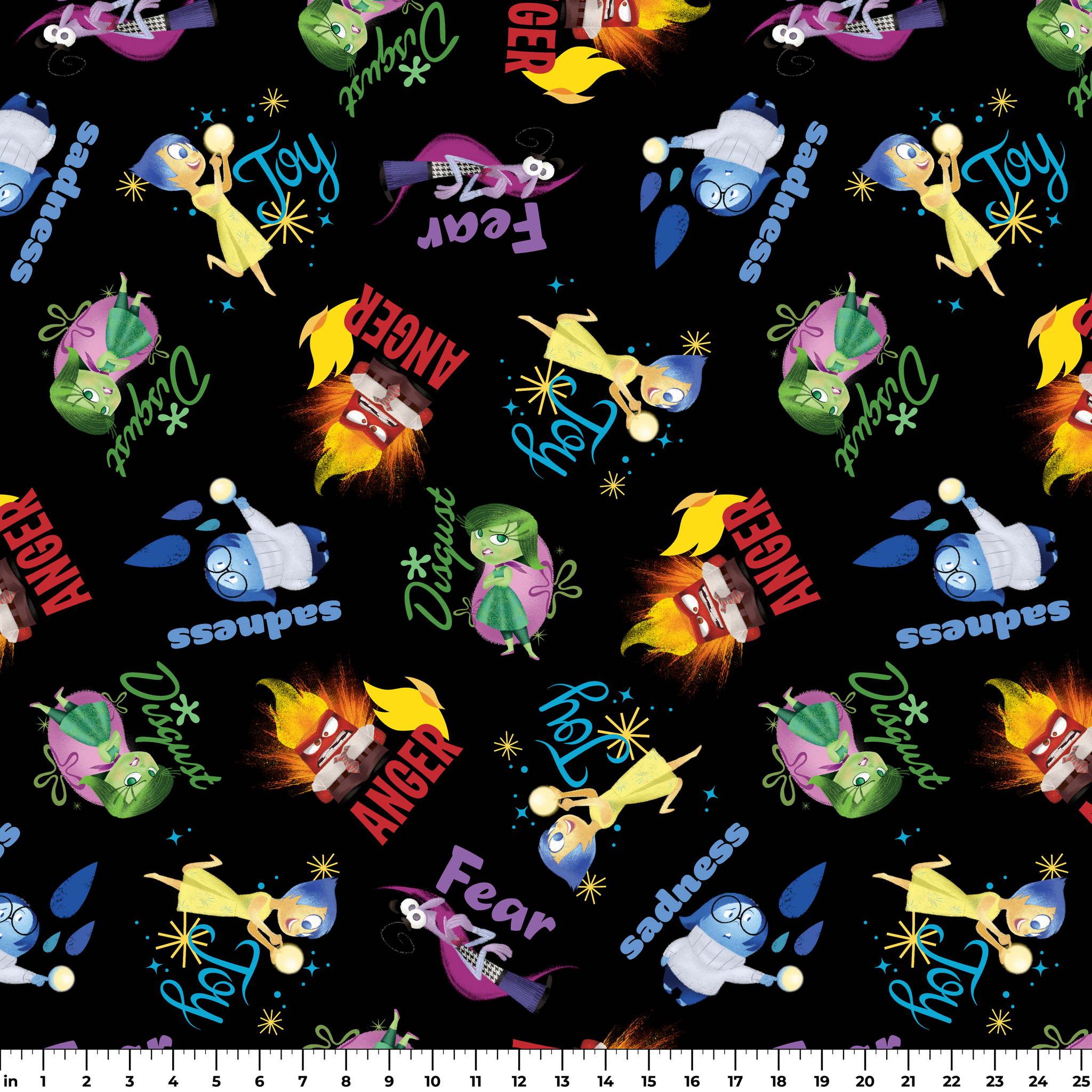 Colorful Pixar pattern on black background with Inside Out characters and emotion words like "Fear ruler