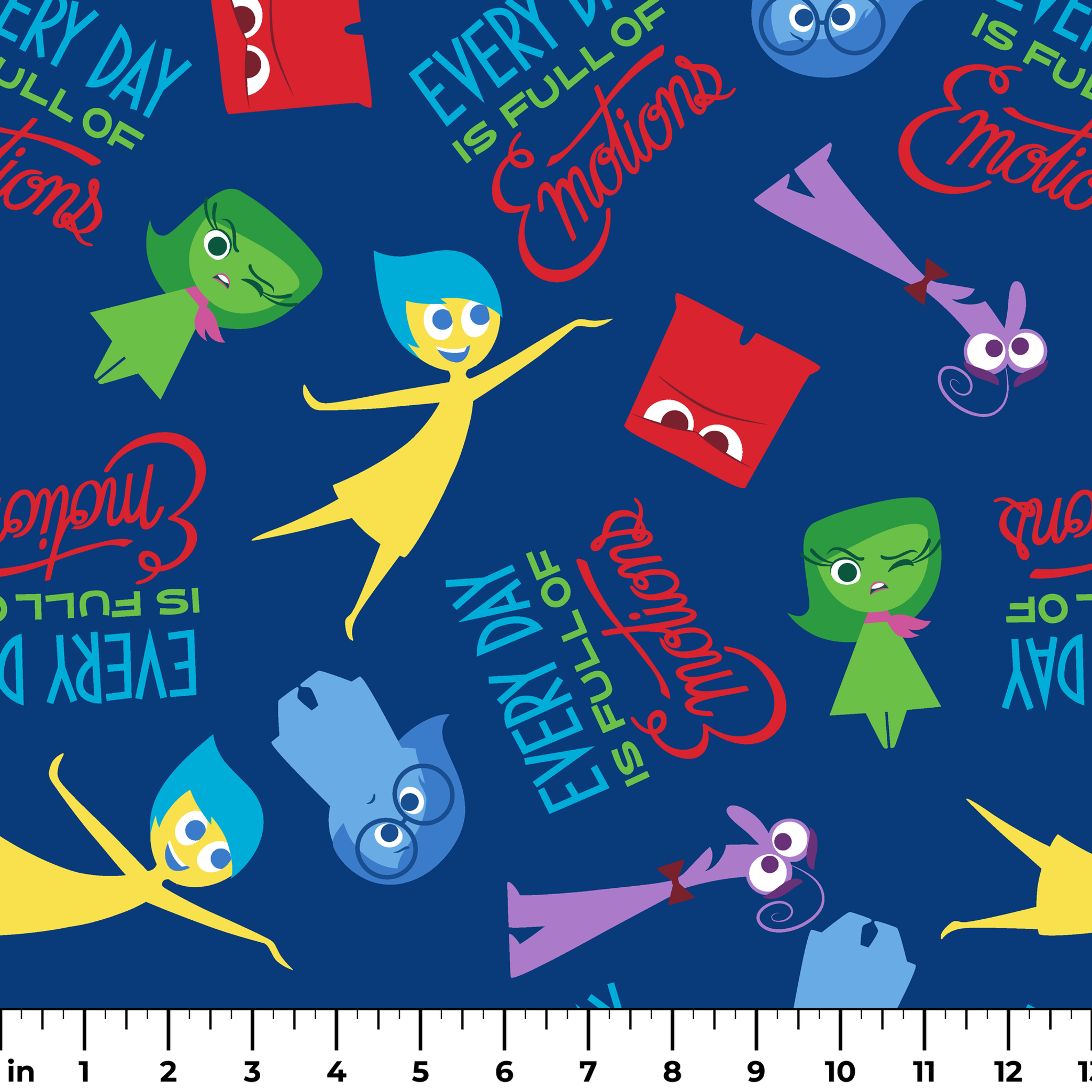 Colorful cartoon character pattern on blue background with characters from Inside Out movie and text phrases ruler