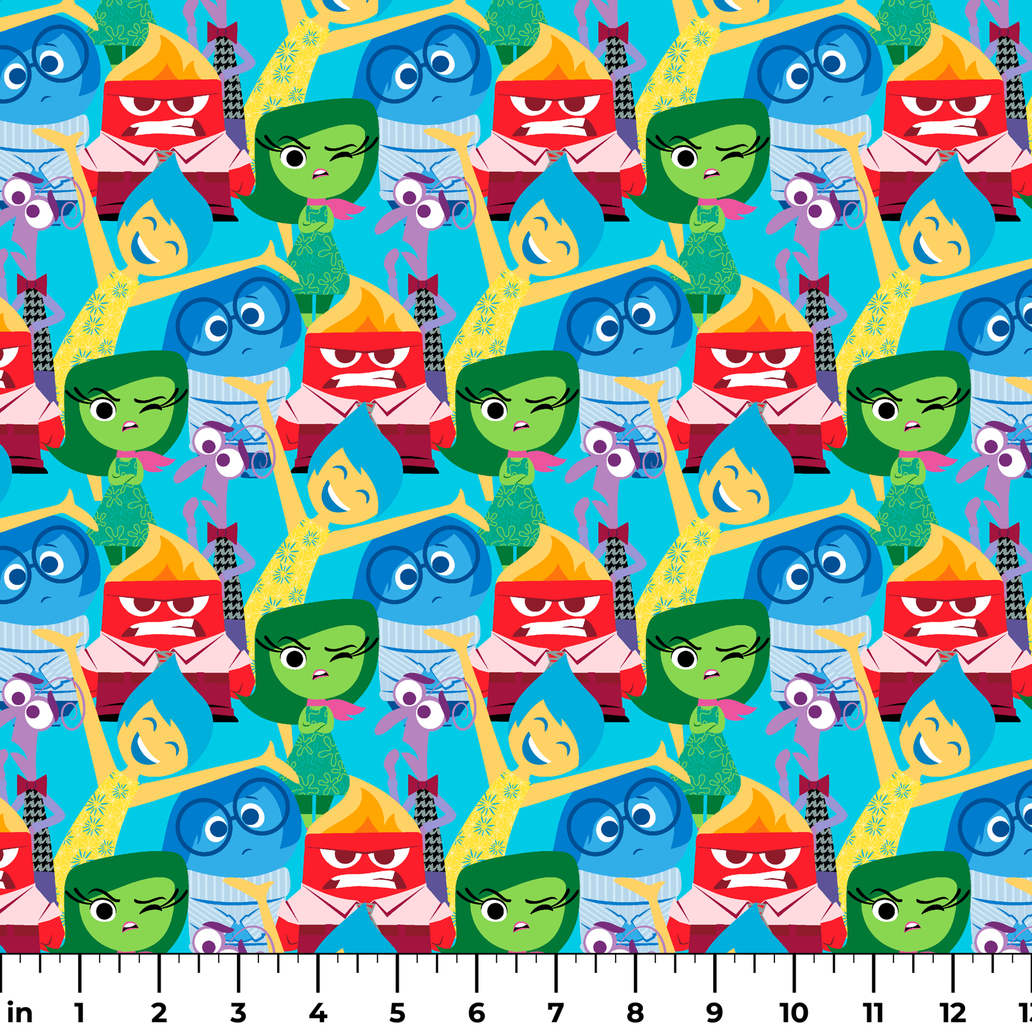 Colorful animated characters from Pixar's Inside Out - Joy, Sadness, Anger, Disgust and Fear in repeating pattern ruler