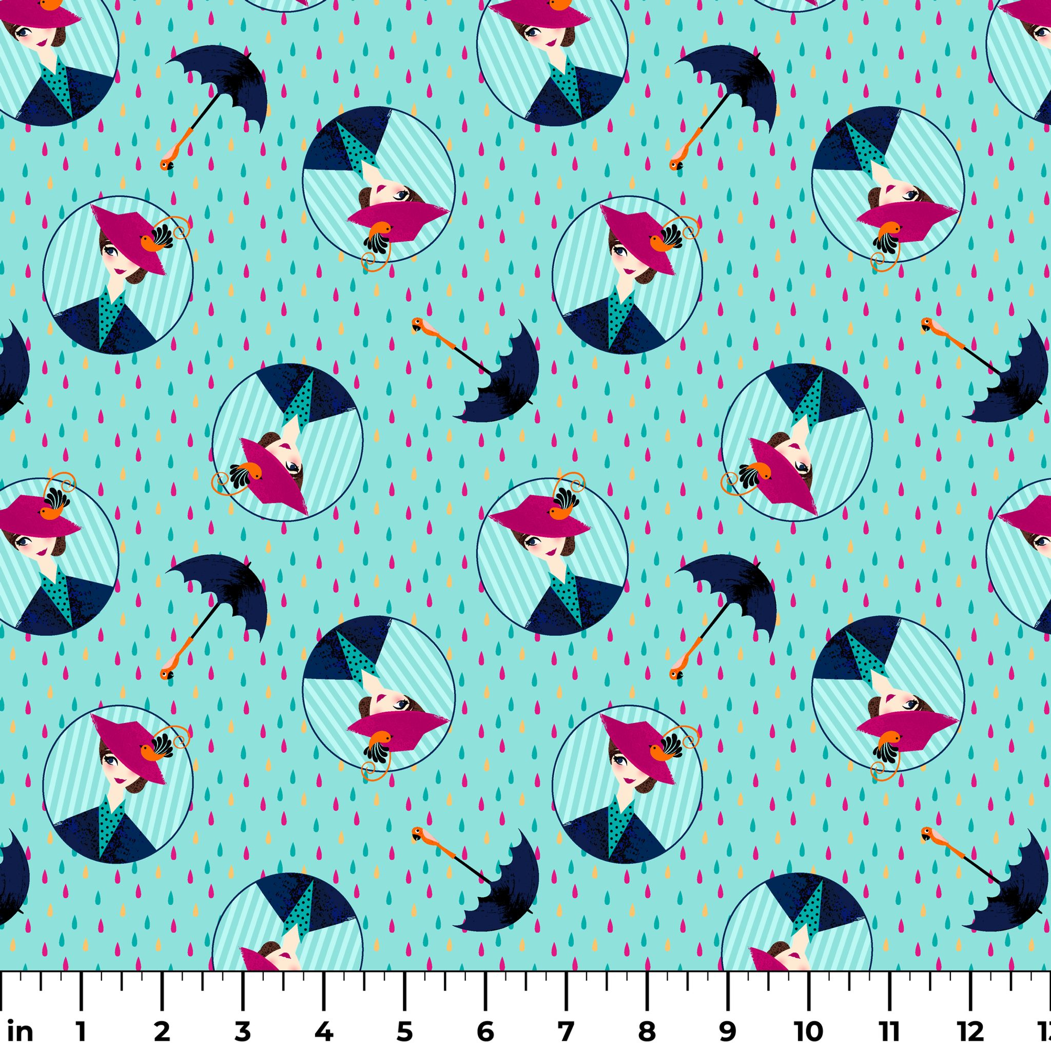 Colorful rainy pattern with Mary Poppins holding umbrellas in circular frames on turquoise background with pink raindrops ruler