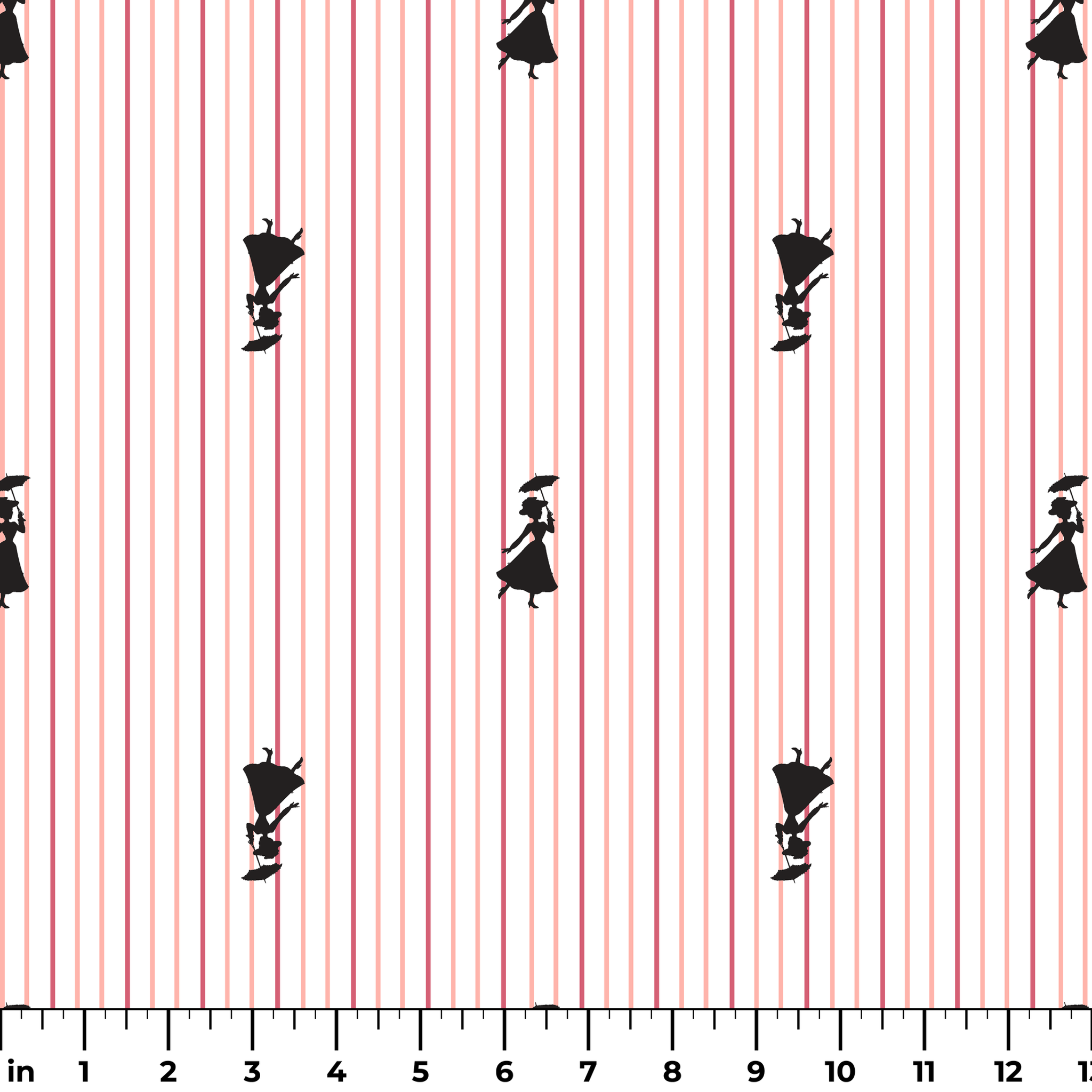 Mary Poppins silhouette figures on white background with thin pink vertical stripes ruler