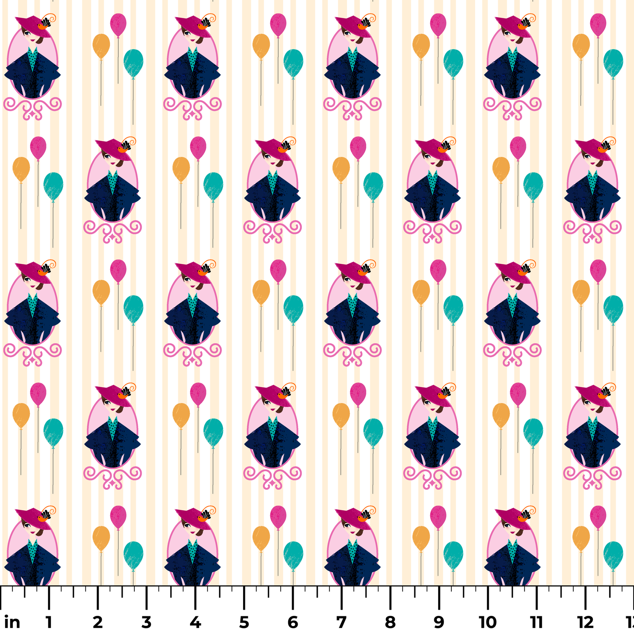Mary Poppins displayed in decorative frames with colorful balloons against striped background ruler