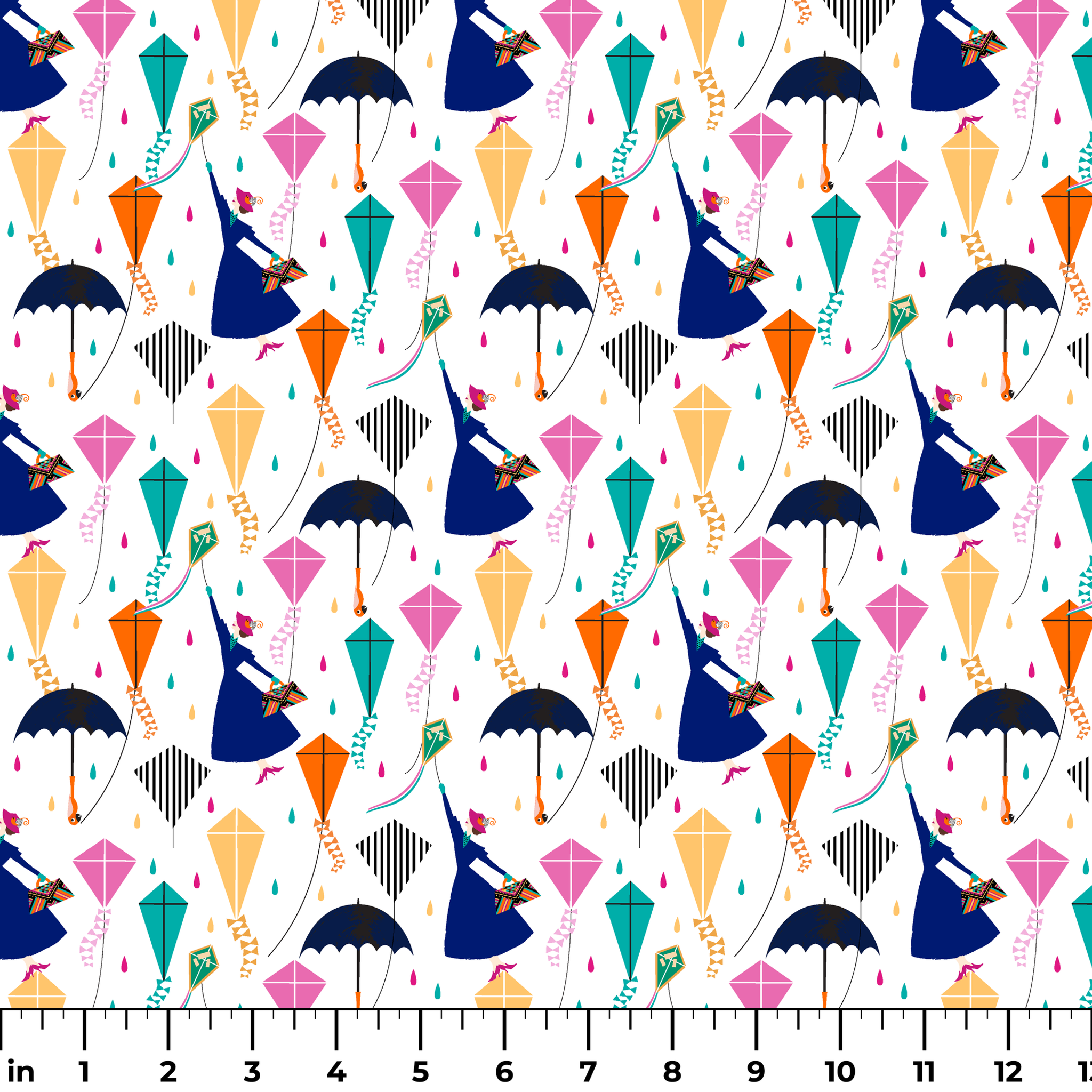 Colorful Mary Poppins pattern with umbrellas, featuring pink, orange, turquoise kites and navy umbrellas on white background ruler