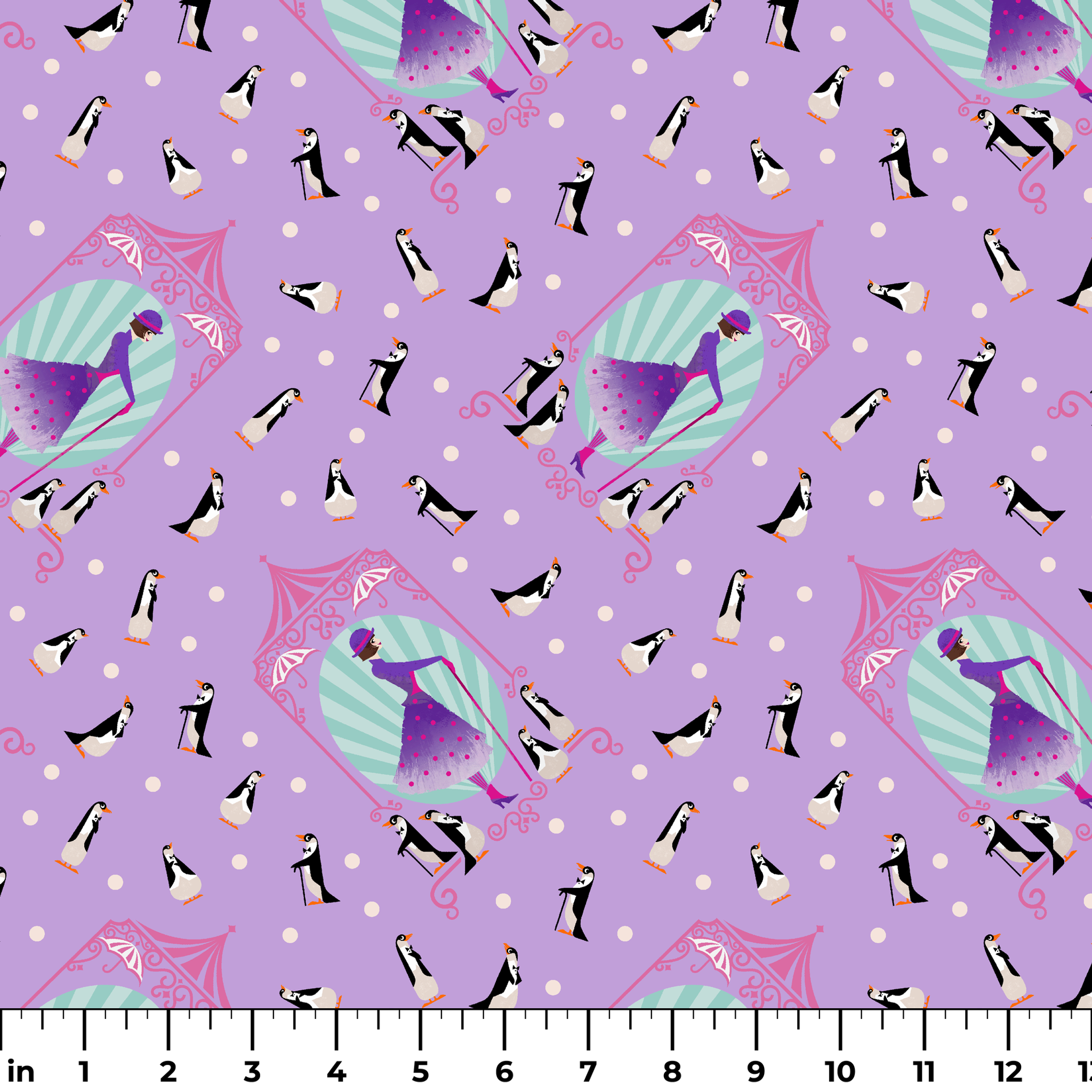 Playful pattern of penguins, Mary Poppins, and purple umbrellas on lavender background with white polka dots ruler