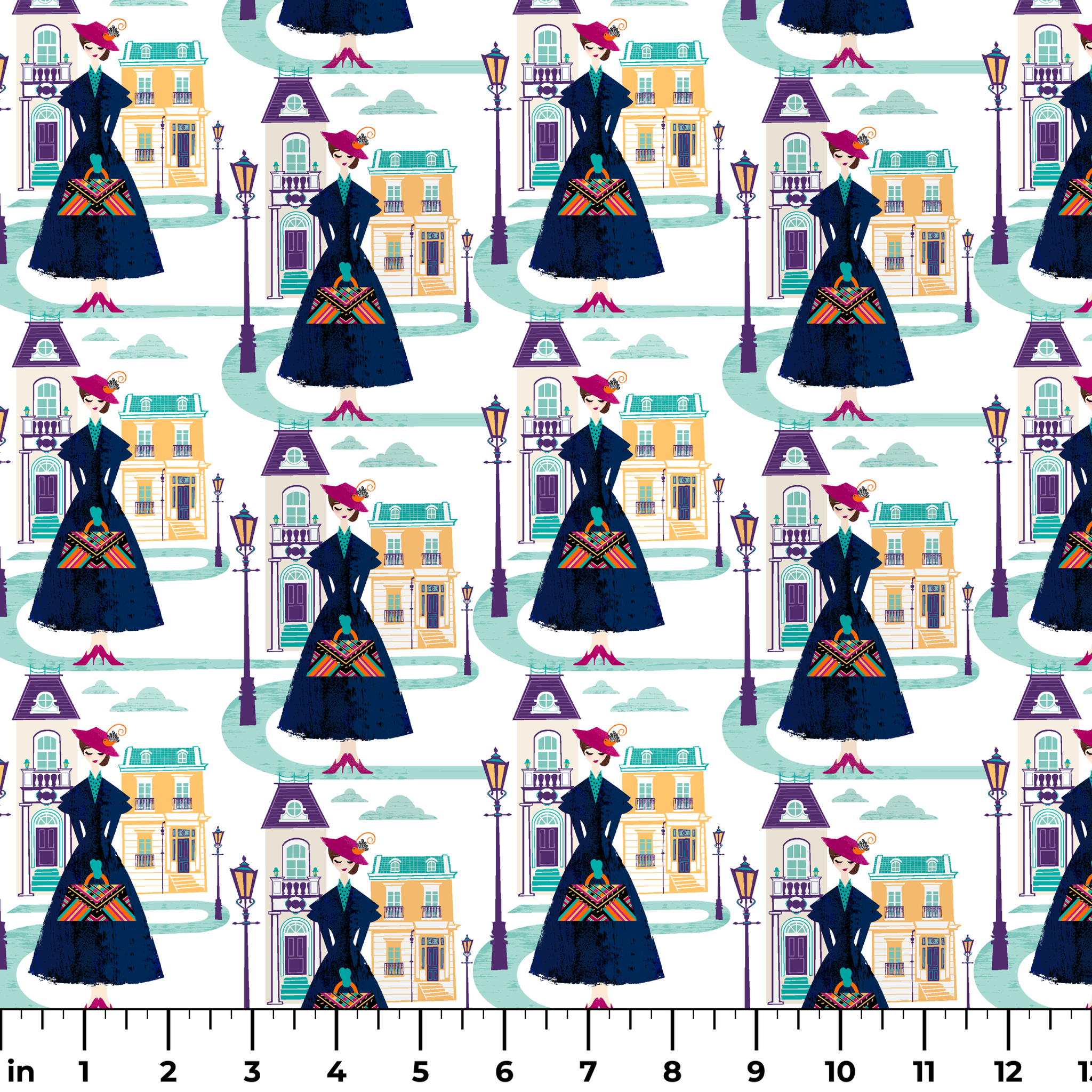 Illustrated pattern of Mary Poppins, standing among pastel townhouses and streetlamps. ruler