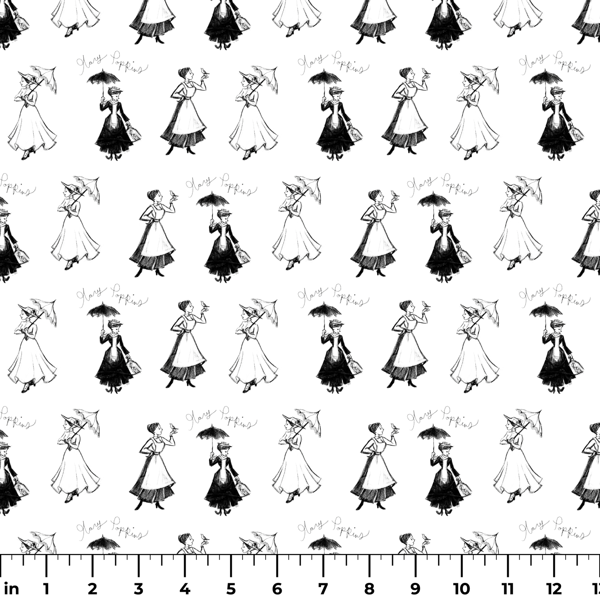Sketchy illustration pattern of Mary Poppins, shown in various poses in black and white ruler