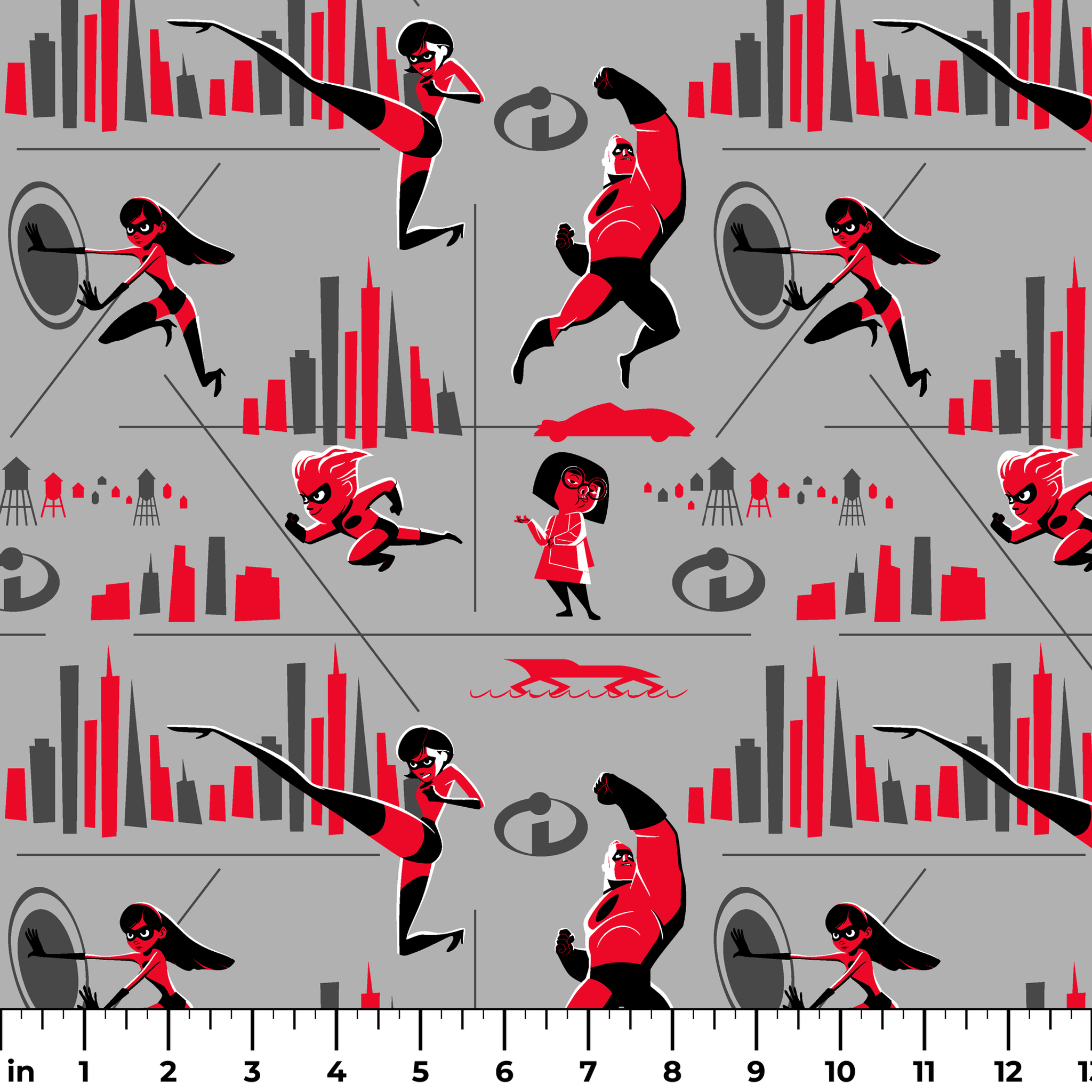 Characters in red and black superhero outfits from The Incredibles shown in action poses against gray background with city elements ruler
