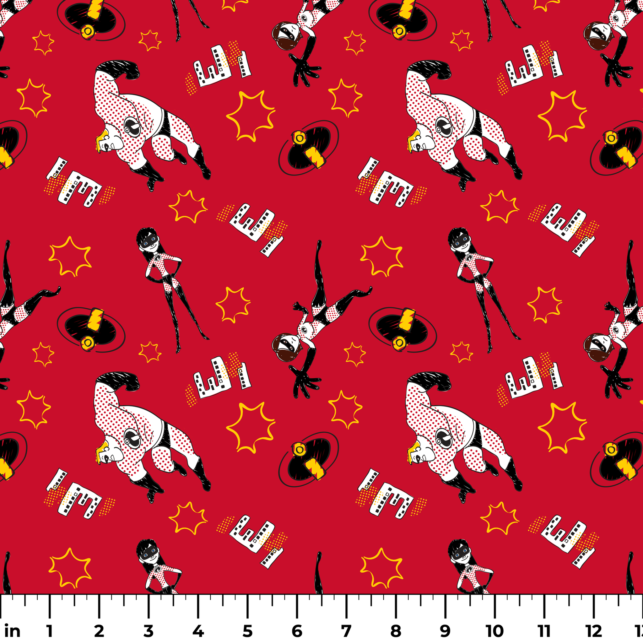 Red background pattern with The Incredibles, yellow stars, and comic book style graphic elements ruler