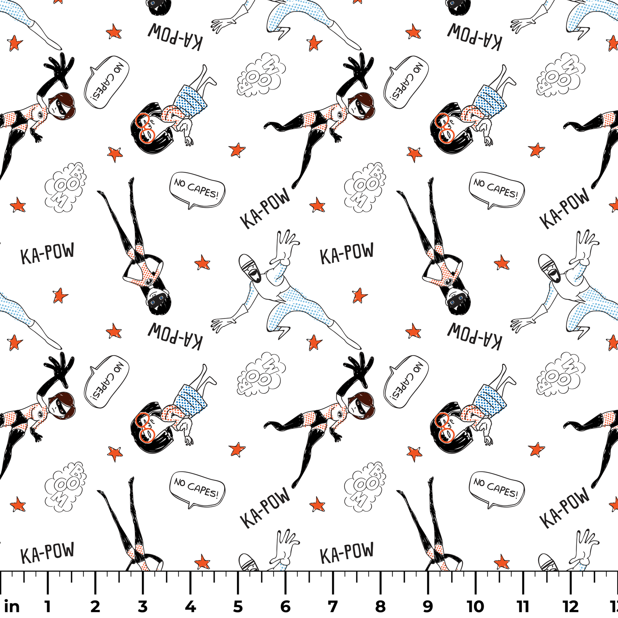 The Incredibles in dynamic poses with comic book sound effects like "KA-POW" on white background with orange stars ruler