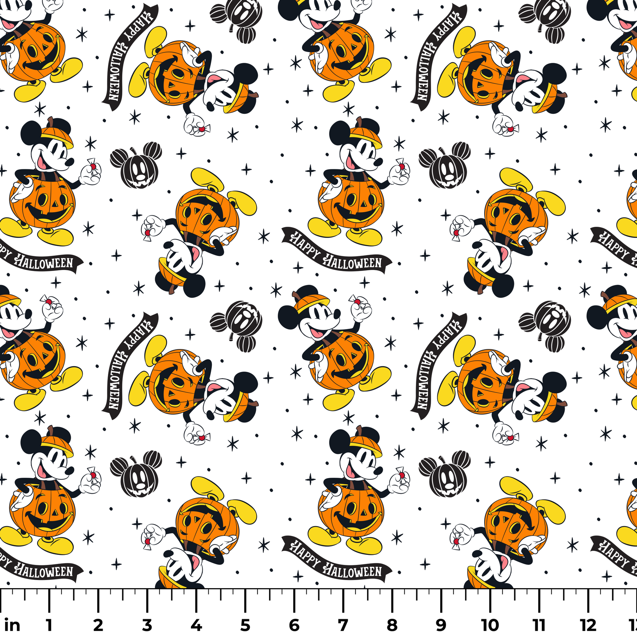 Mickey Mouse Halloween pattern dressed as pumpkins on white background with stars and "Happy Halloween" text ruler