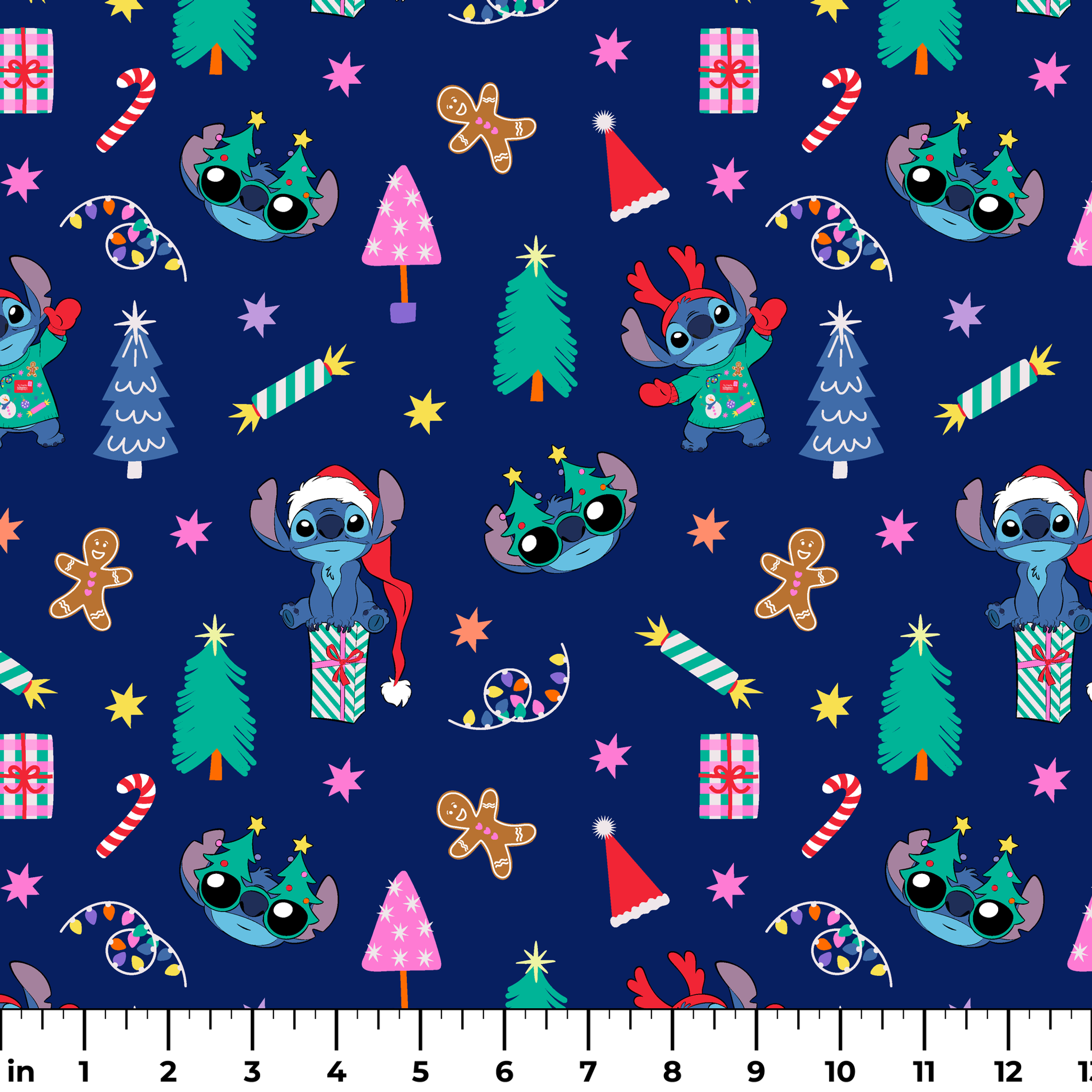 Festive Christmas pattern with Stitch, trees, candy canes, presents, and gingerbread men on navy background ruler