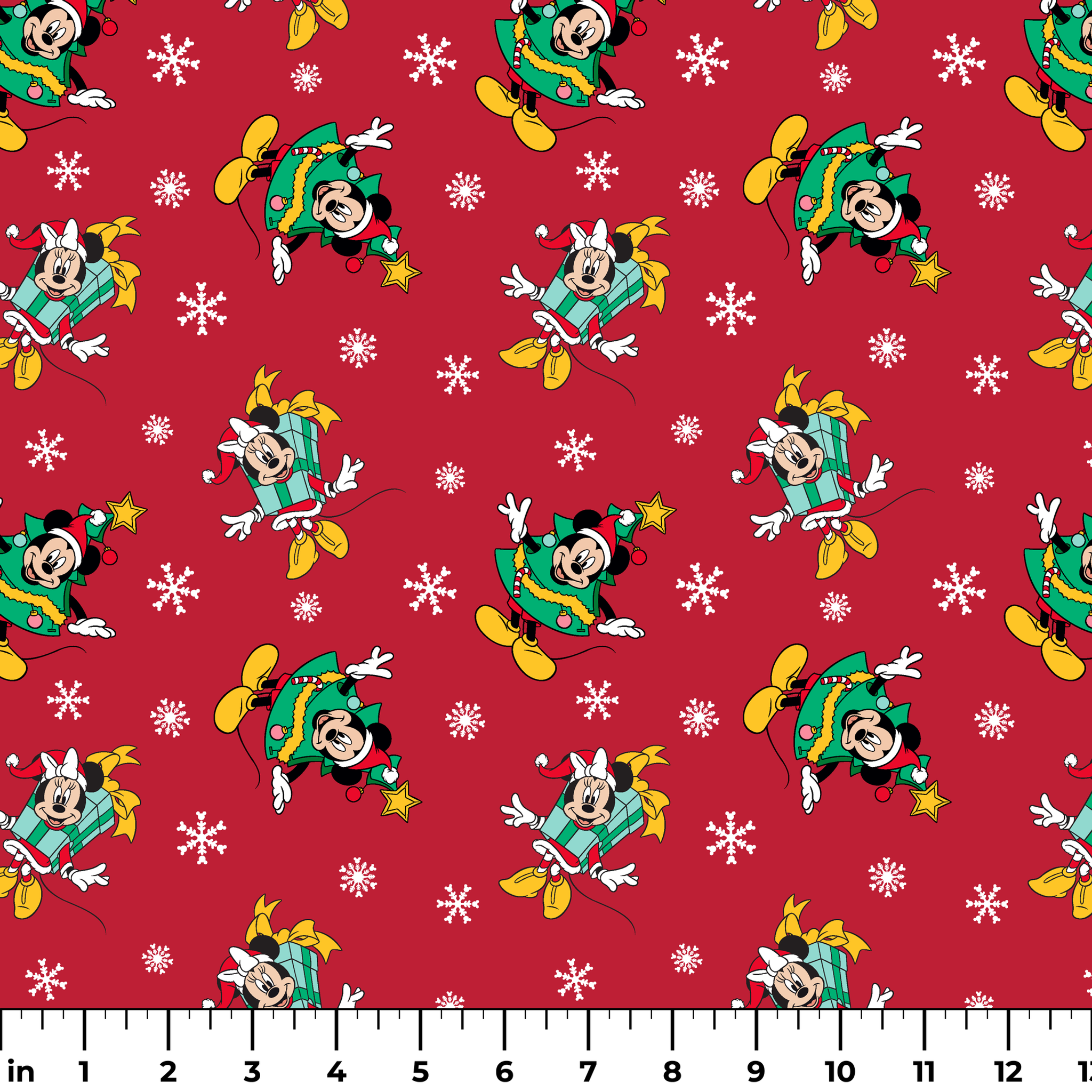 Disney characters in holiday outfits on red background with white snowflakes ruler