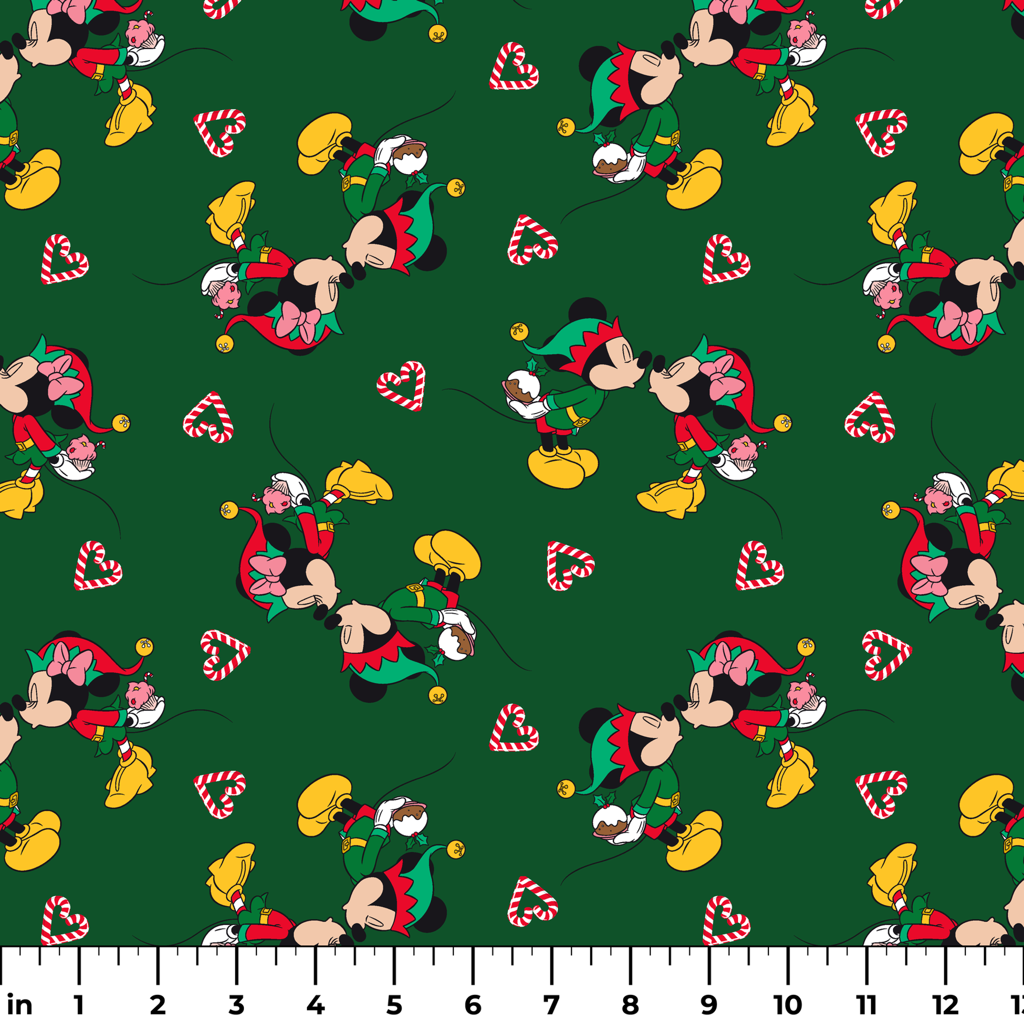Festive Mickey Mouse pattern with candy canes on green background ruler