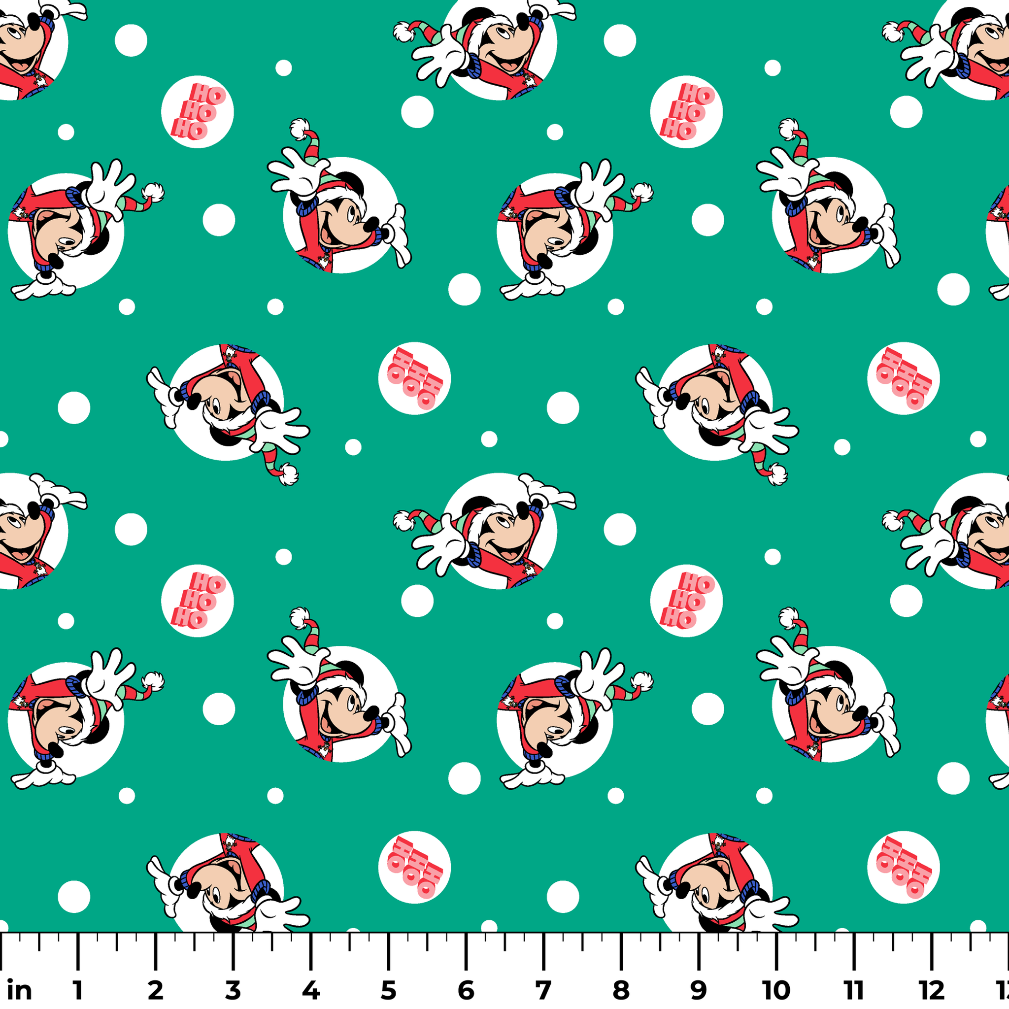 Mickey Mouse in Santa hats on green polka dot background with "Ho Ho Ho" text ruler