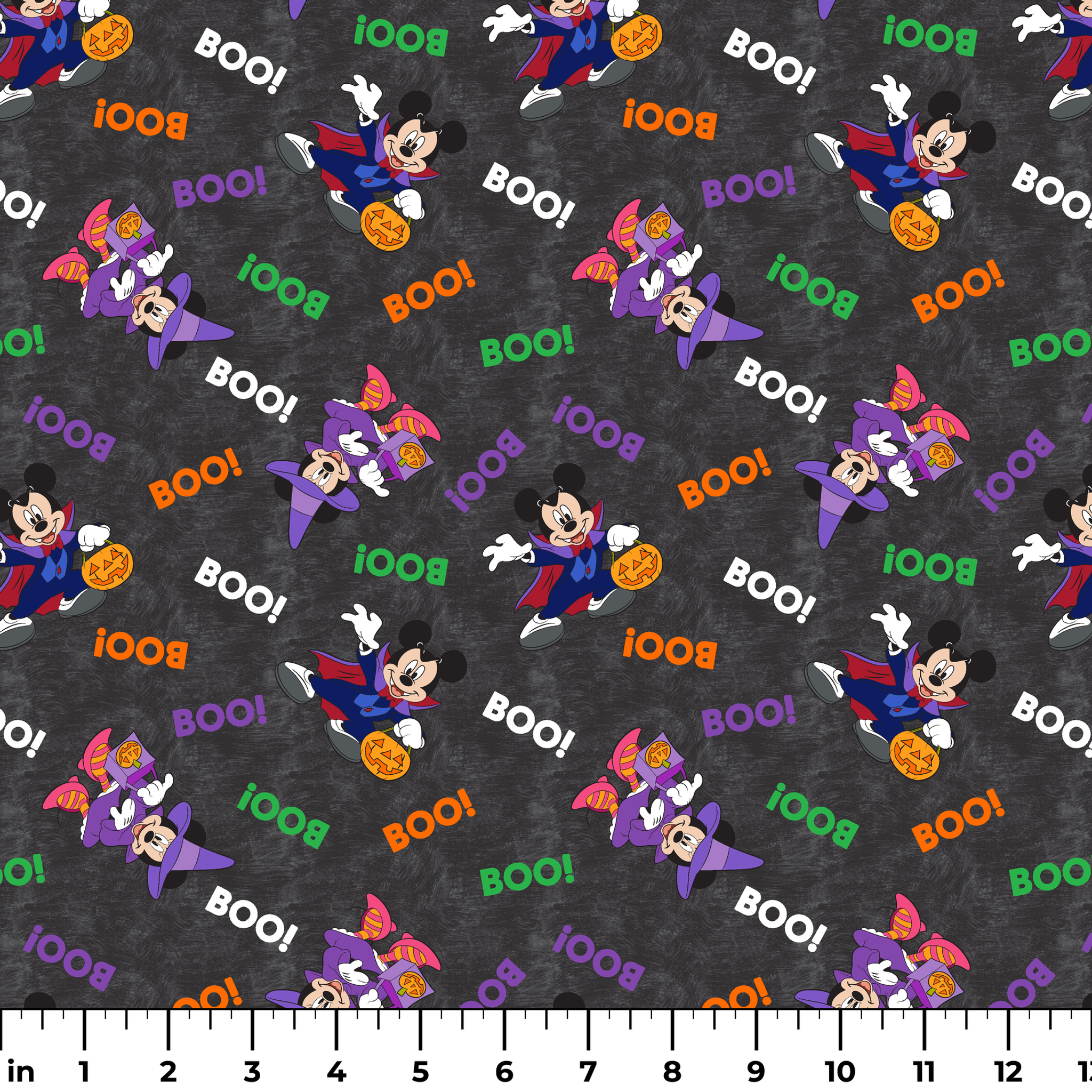 Halloween themed pattern with Disney characters in costumes, pumpkins, and colorful "BOO!" text on dark gray background. ruler