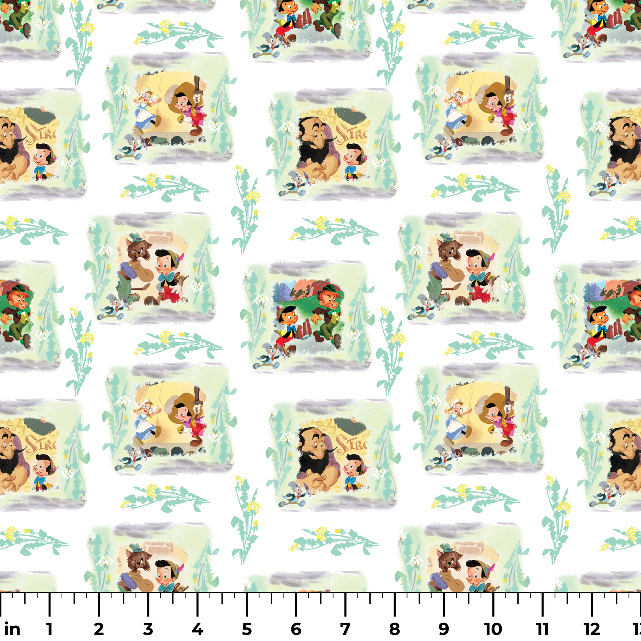Cartoon pattern featuring Pinocchio characters in framed scenes with decorative greenery on white background ruler