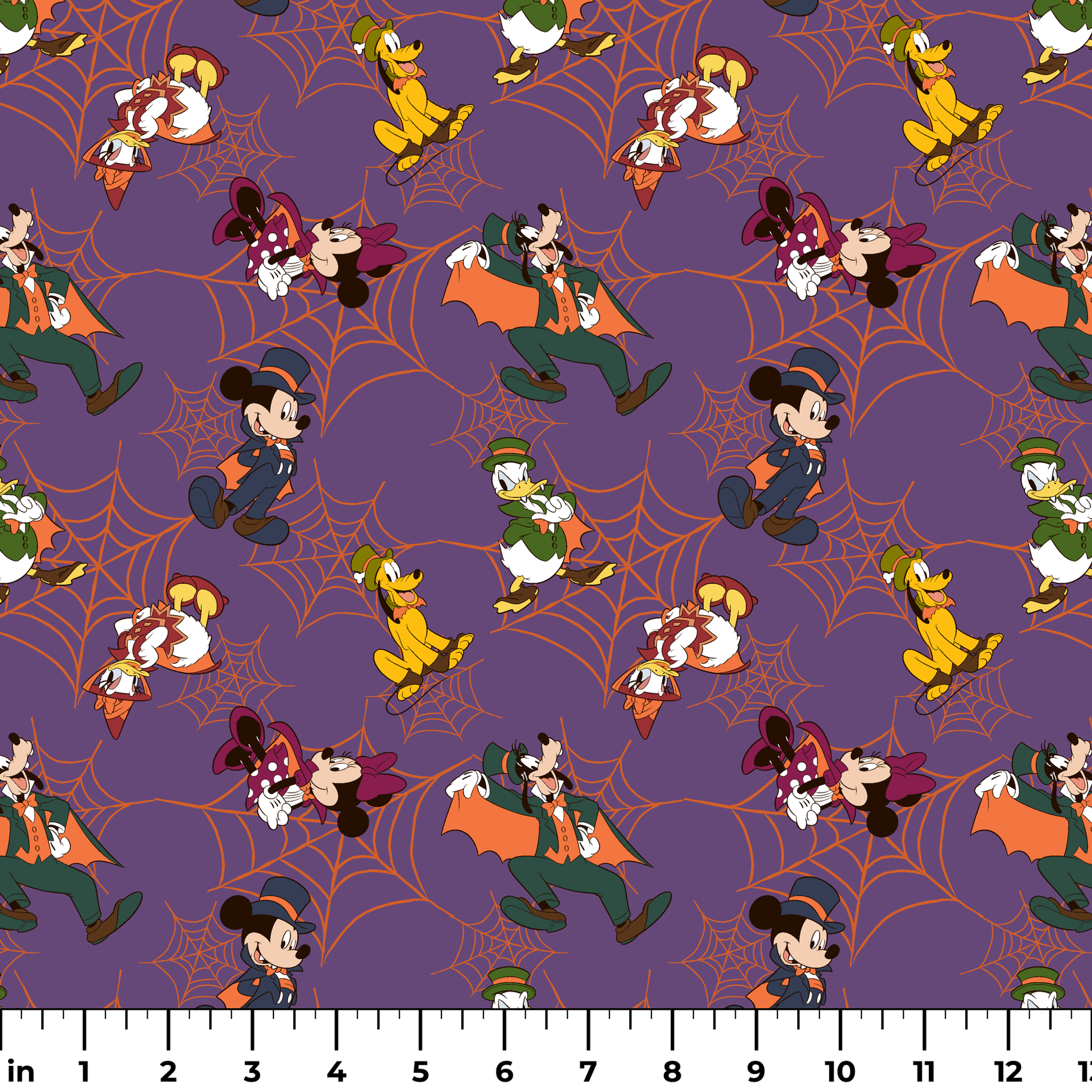 Disney cartoon characters in Halloween costumes on purple background with orange spider webs ruler