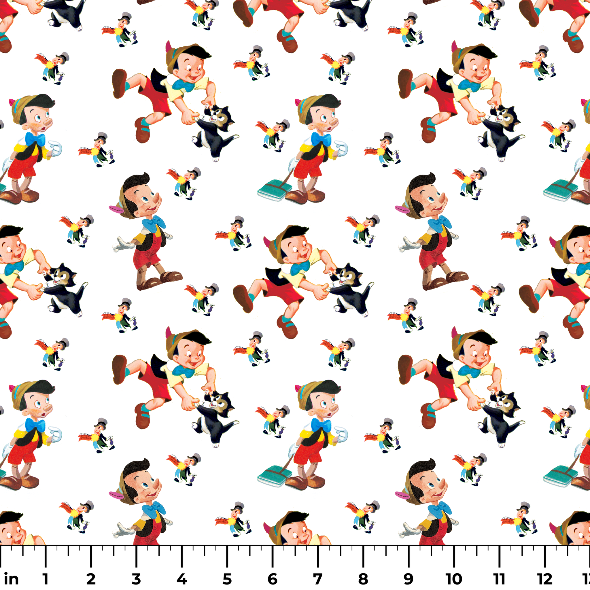Pattern of cartoon wooden puppet characters with long noses, red shorts, blue bow ties, and black cats scattered on white background ruler