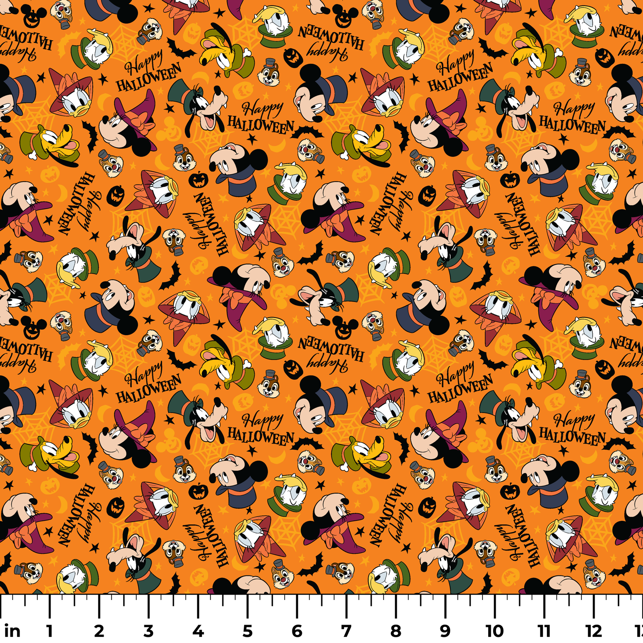 Disney characters in Halloween costumes on orange background with pumpkins and "Happy Halloween" text ruler