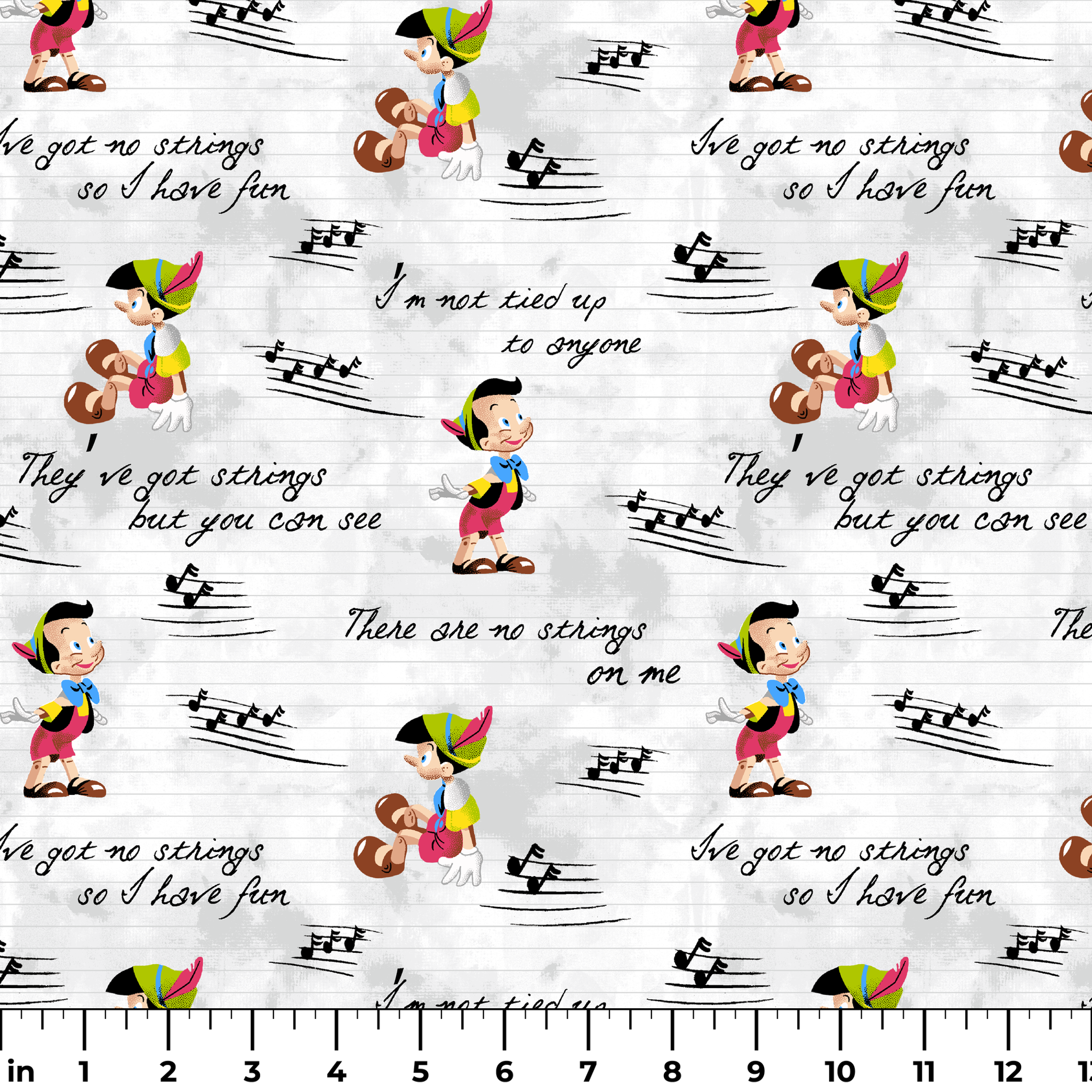 Cartoon characters on a light gray background with musical notes and phrases about strings ruler