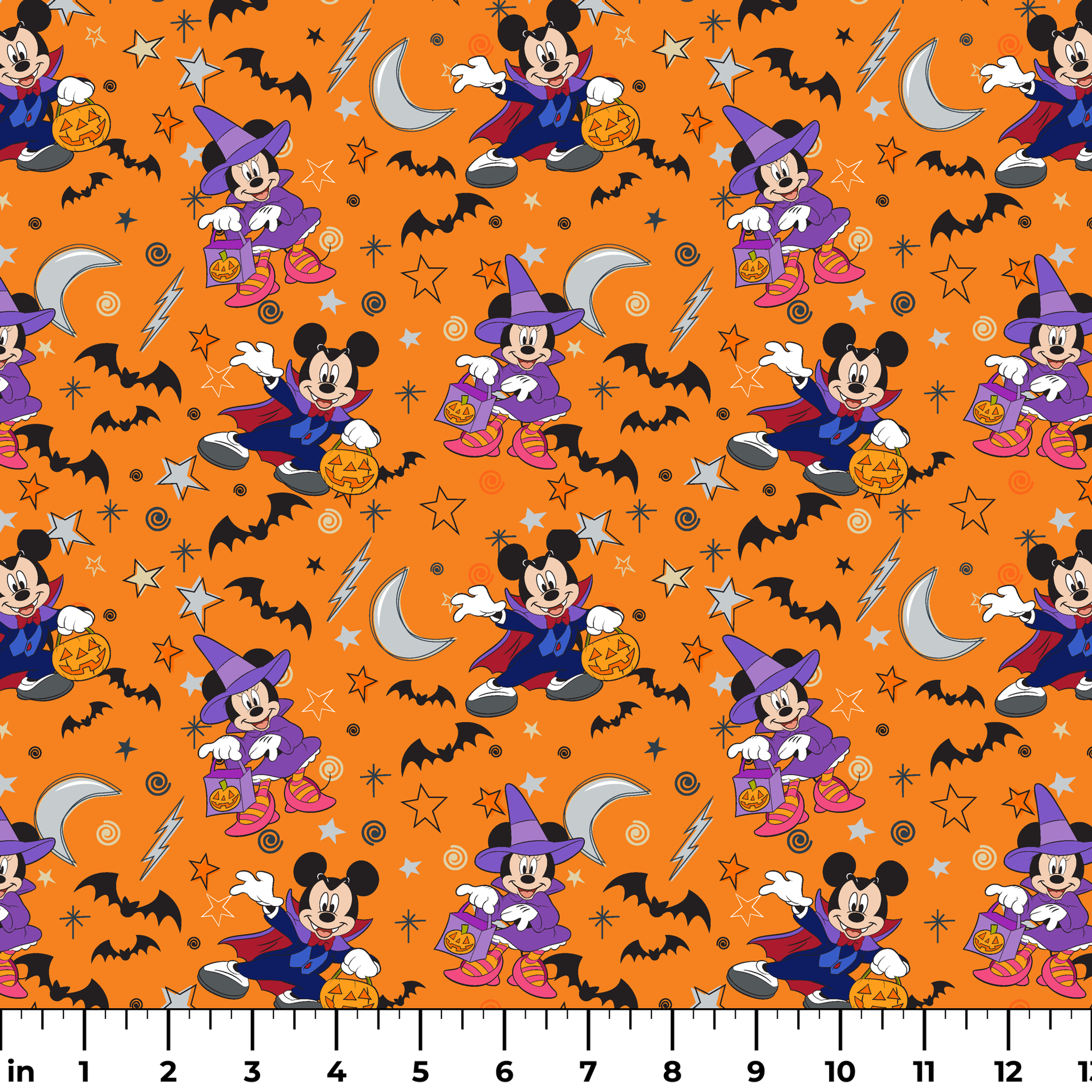 Halloween-themed cartoon pattern with Disney characters in costumes, bats, stars, moons, and ghosts on orange background. ruler