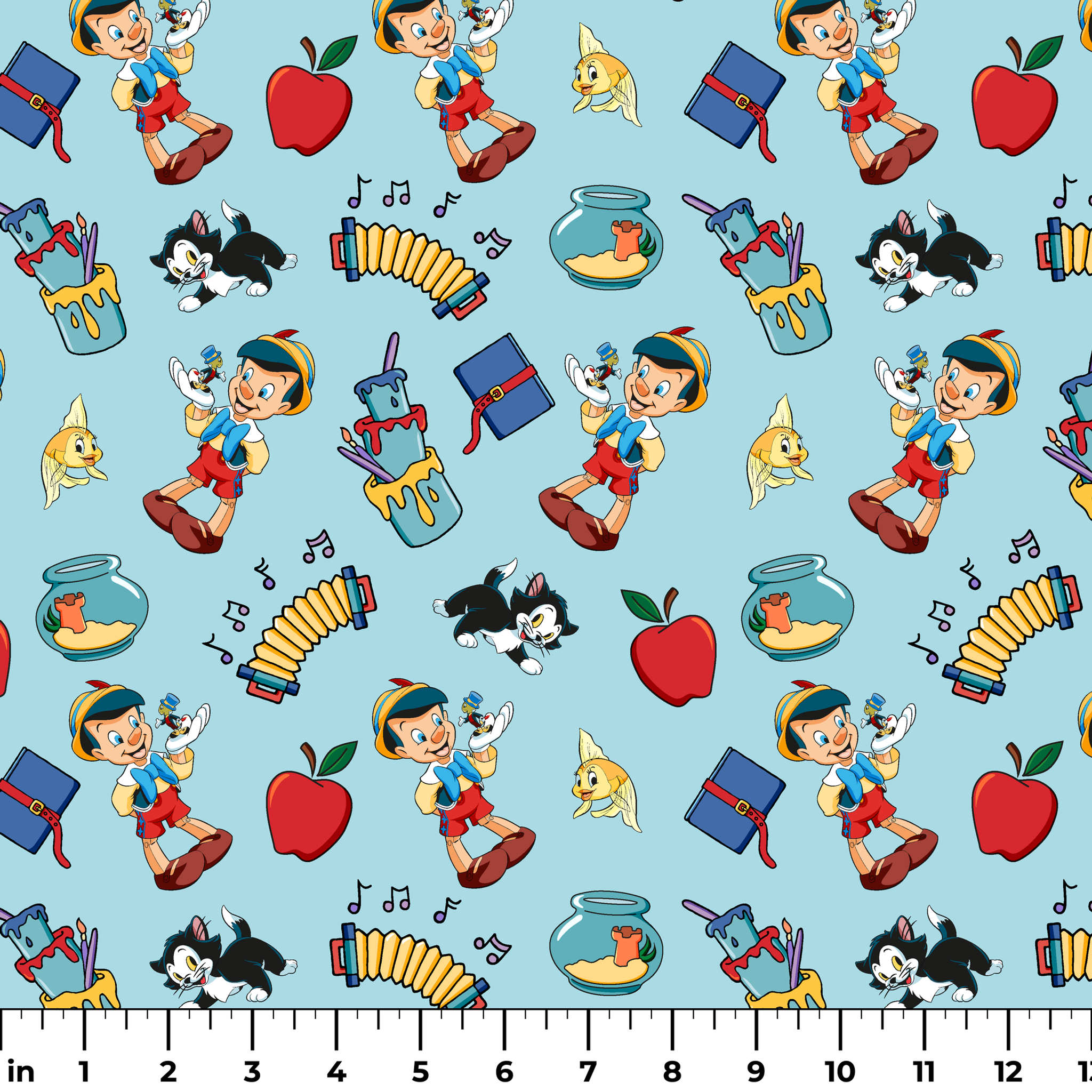 Cartoon pattern with wooden puppets, red apples, musical notes, goldfish bowls, cats, and books on light blue background ruler