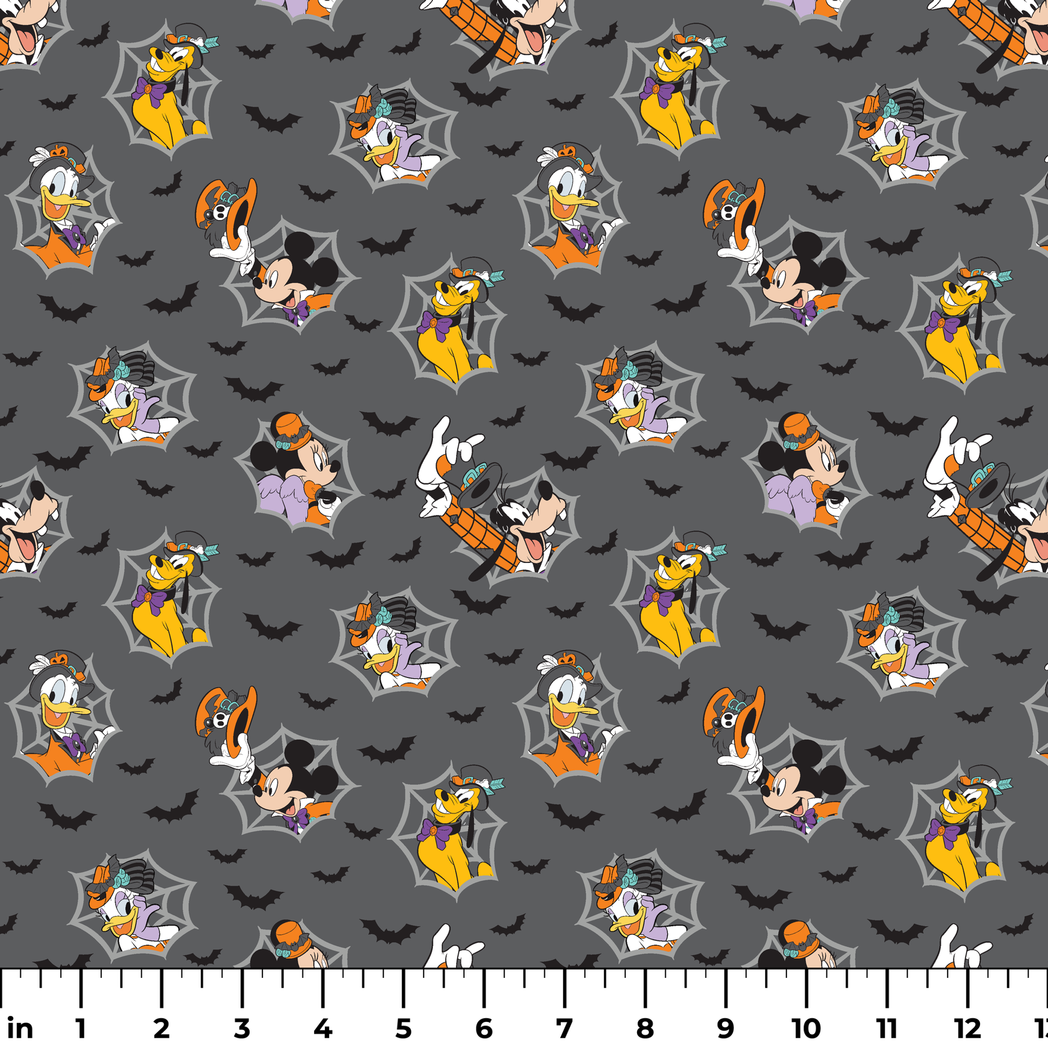 Disney cartoon characters in Halloween costumes on gray background with spider webs and bats ruler