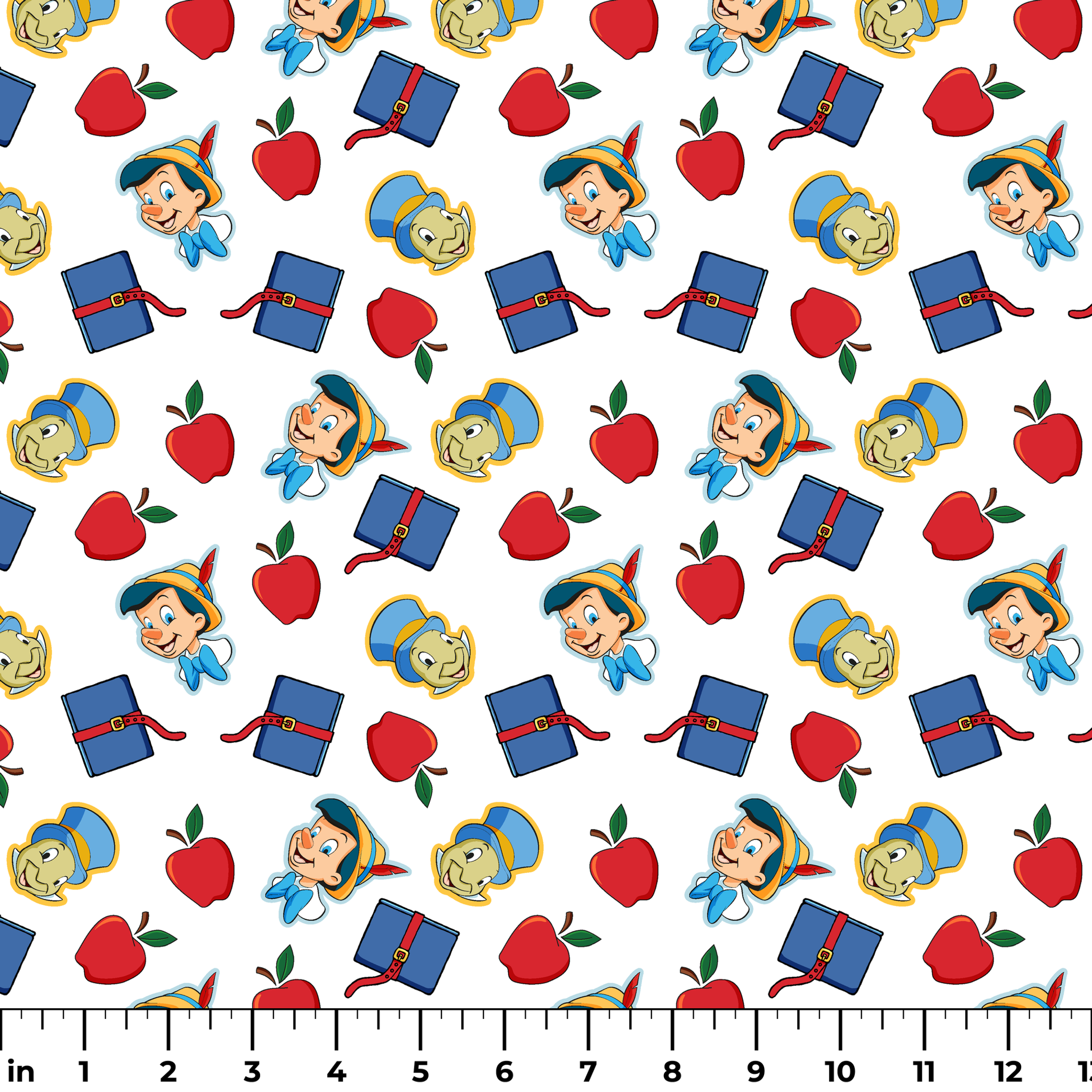 Pattern with cartoon character in pointed hat with blue bow, red apples, blue books with red straps, and yellow circular elements on white background ruler