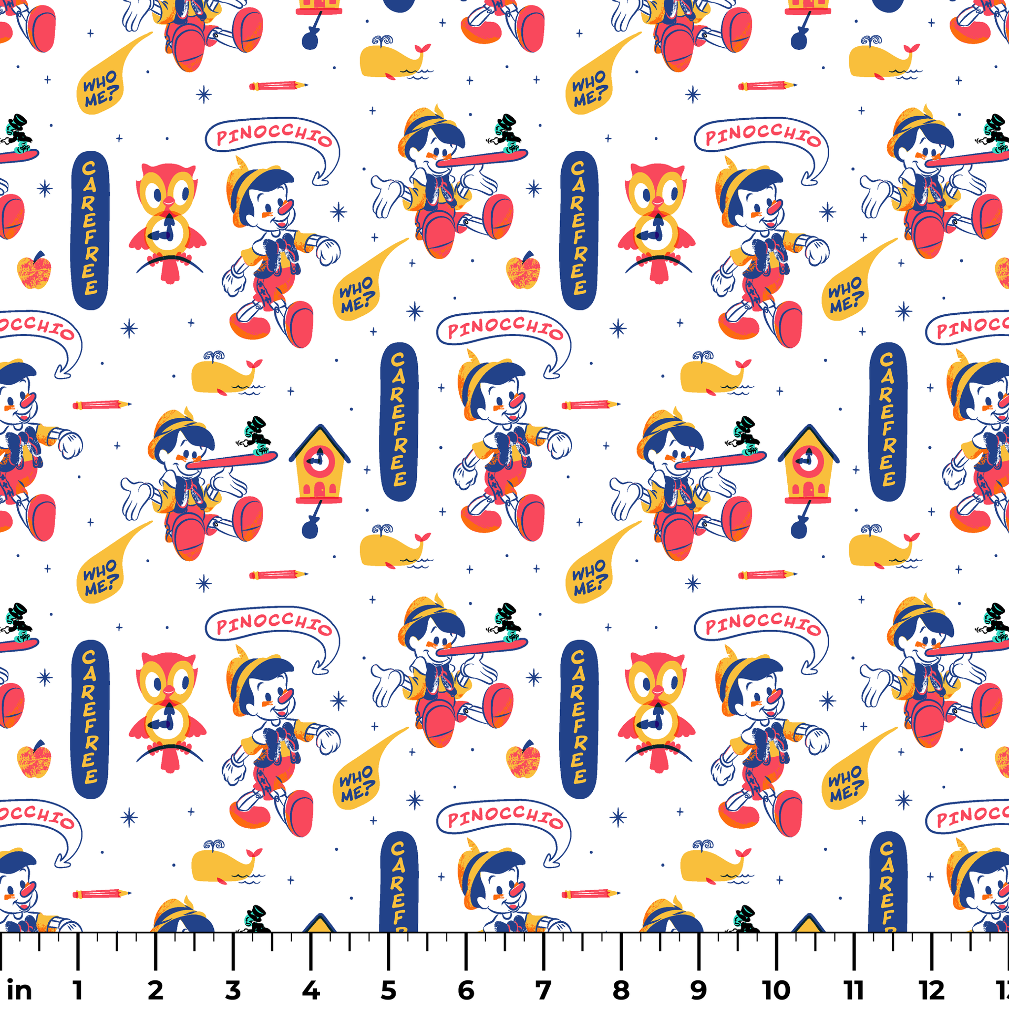 Colorful cartoon pattern featuring Pinocchio characters, whales, and text elements on white background ruler