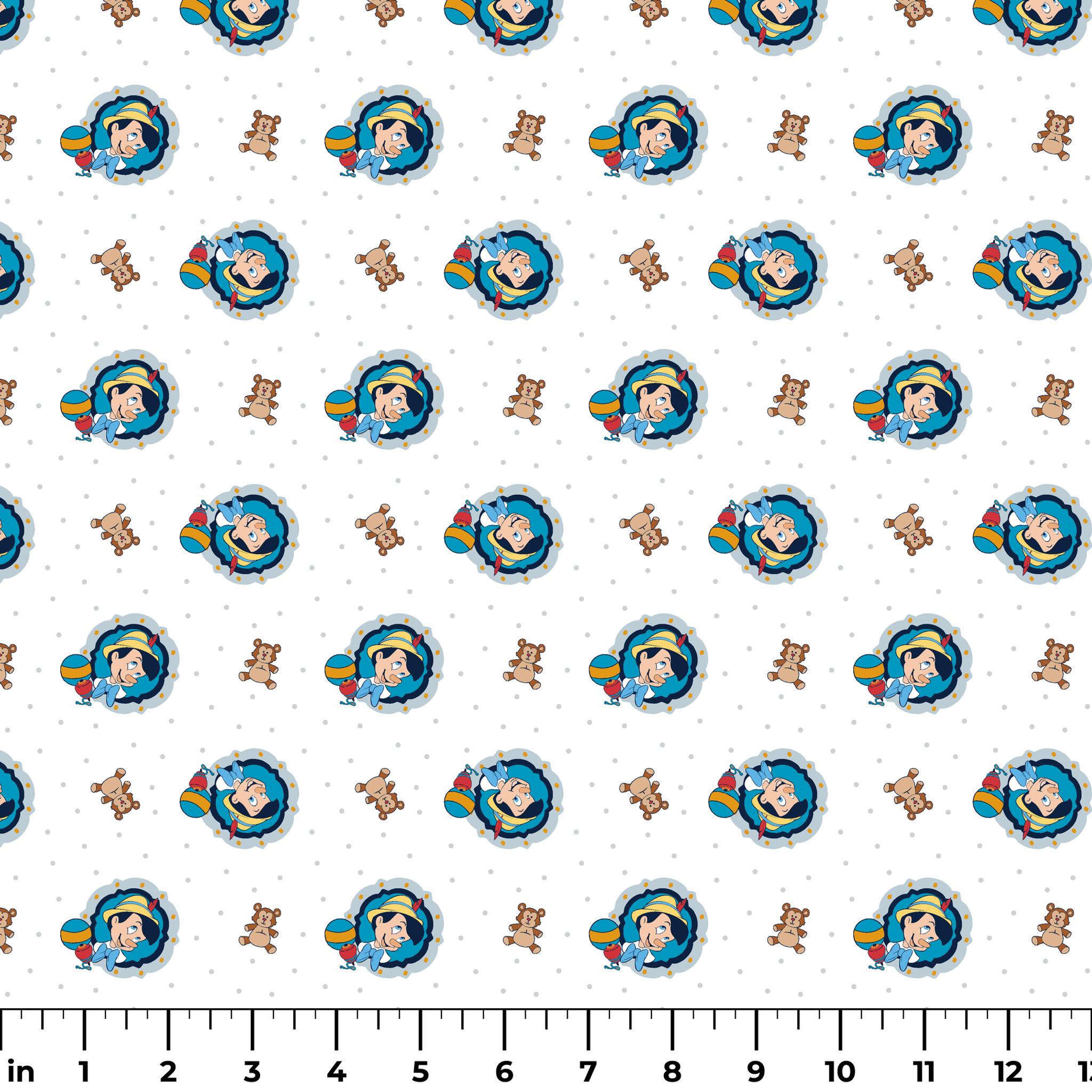 Repeating pattern of cartoon character in blue circle with teddy bears and colorful balls on light dotted background ruler