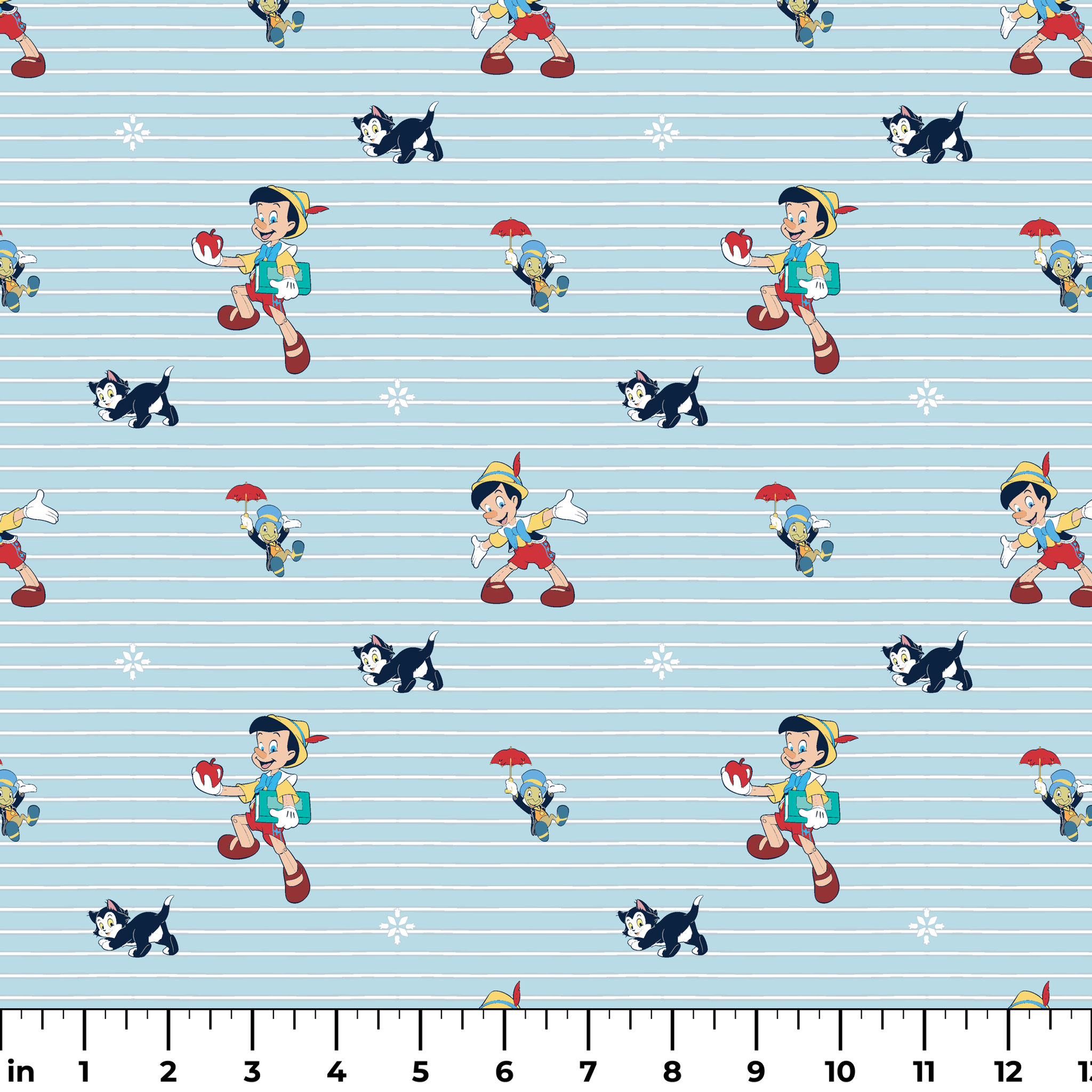Cartoon pattern with boy character holding apple, black kittens, snowflakes on light blue striped background ruler