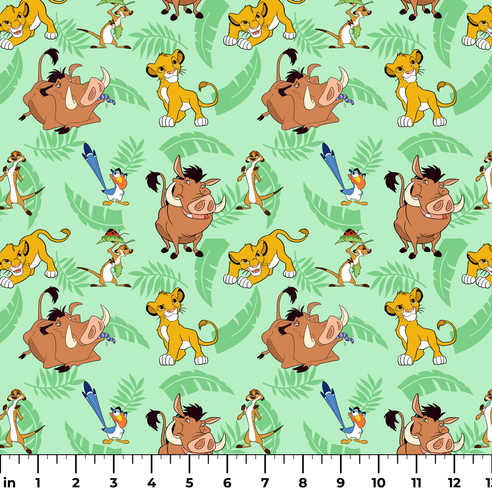 A repeating pattern of Lion King characters - Simba, Timon, Pumbaa, and Zazu on a light green leafy background. ruler